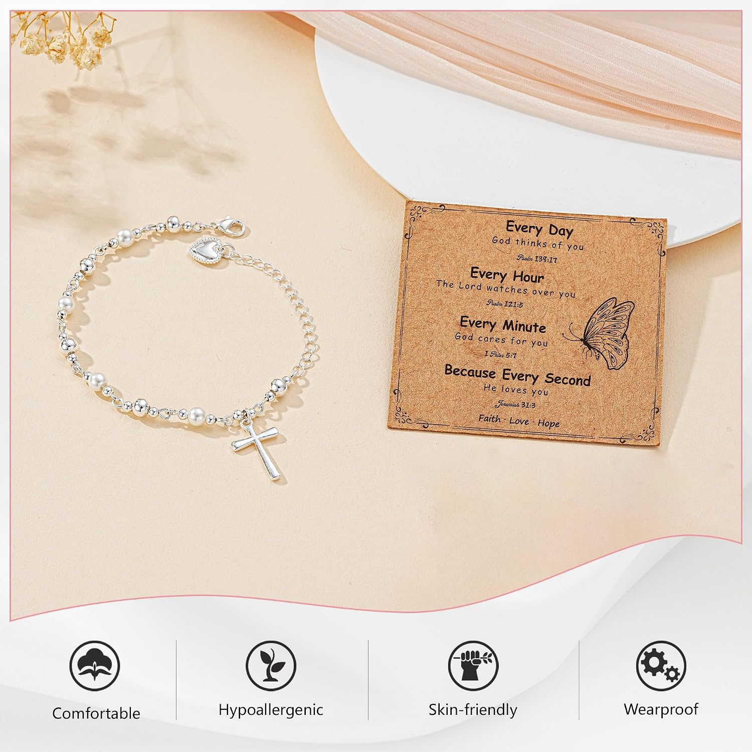 First Communion Confirmation Baptism Godmother Gifts for Teen Girls Women, Catholic Christian Cross Pearl Bracelet image 4