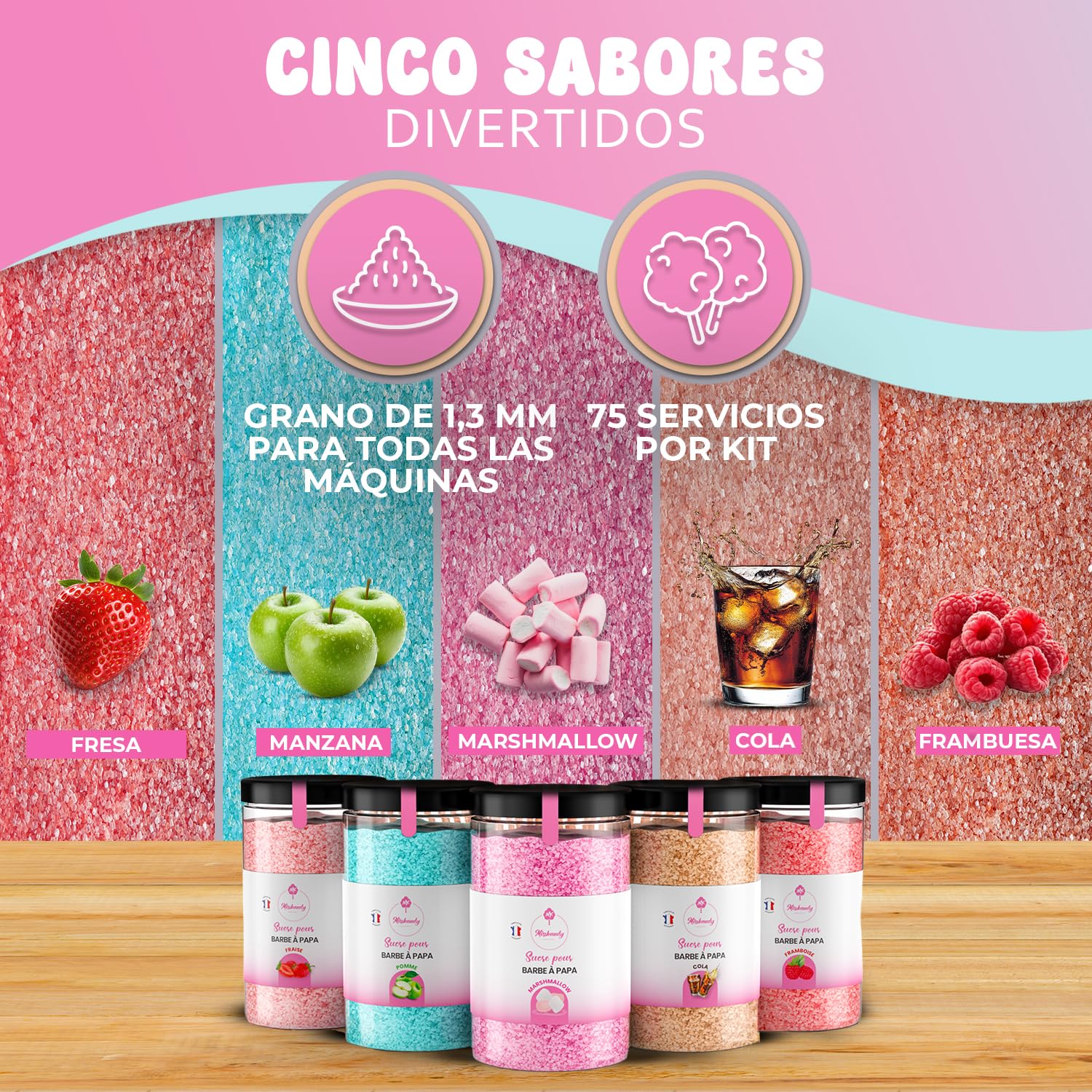 Algodón de azúcar Misskandy para máquina 1,5kg sabores fresa, manzana, malvavisco, cola, frambuesa + 50 barritas 30cm