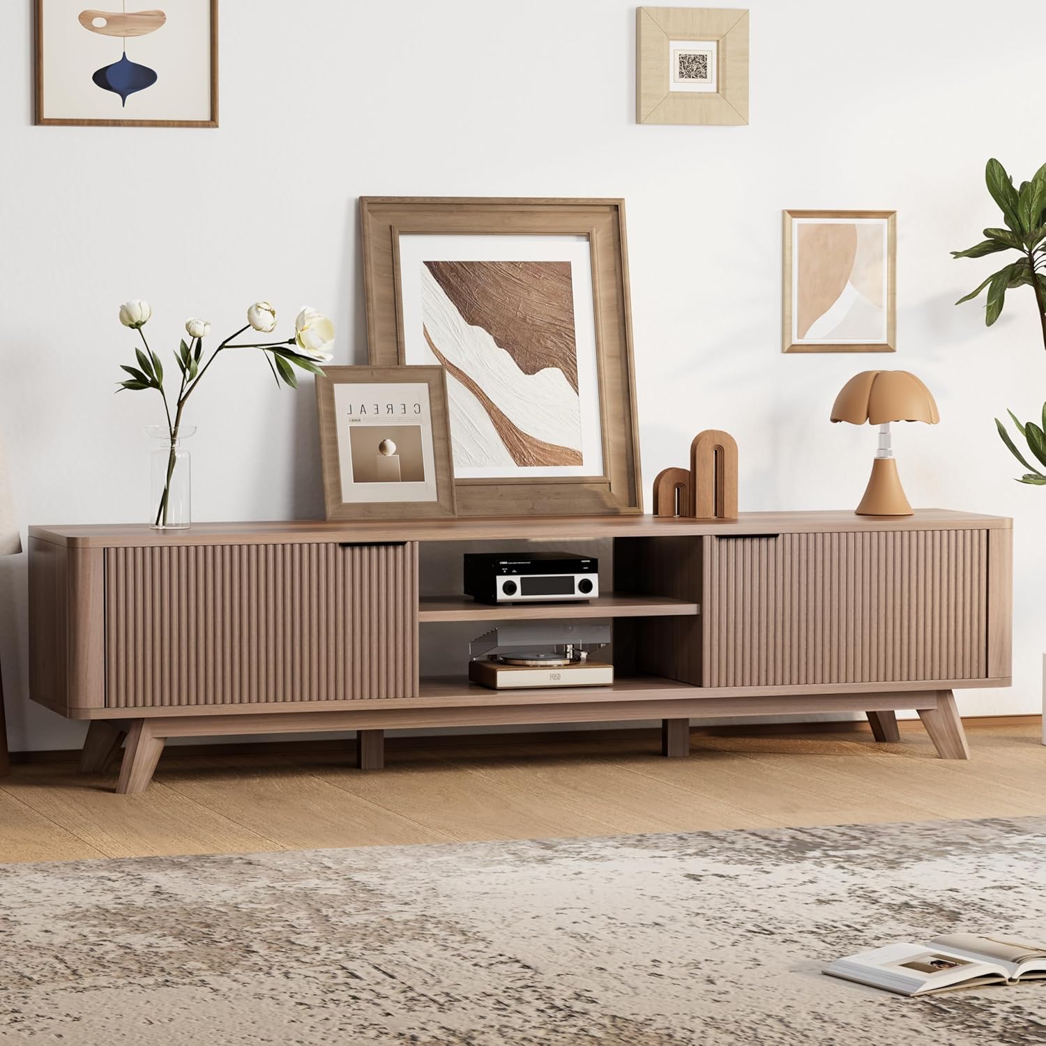 70" Mid Century Modern Fluted TV Stand,TV Stand for Living Room for TVs up to 80 Inches,Entertainment Center, Sideboard,TV Console with Fluted Door Cabinets and Open Shelves,Reddish Brown