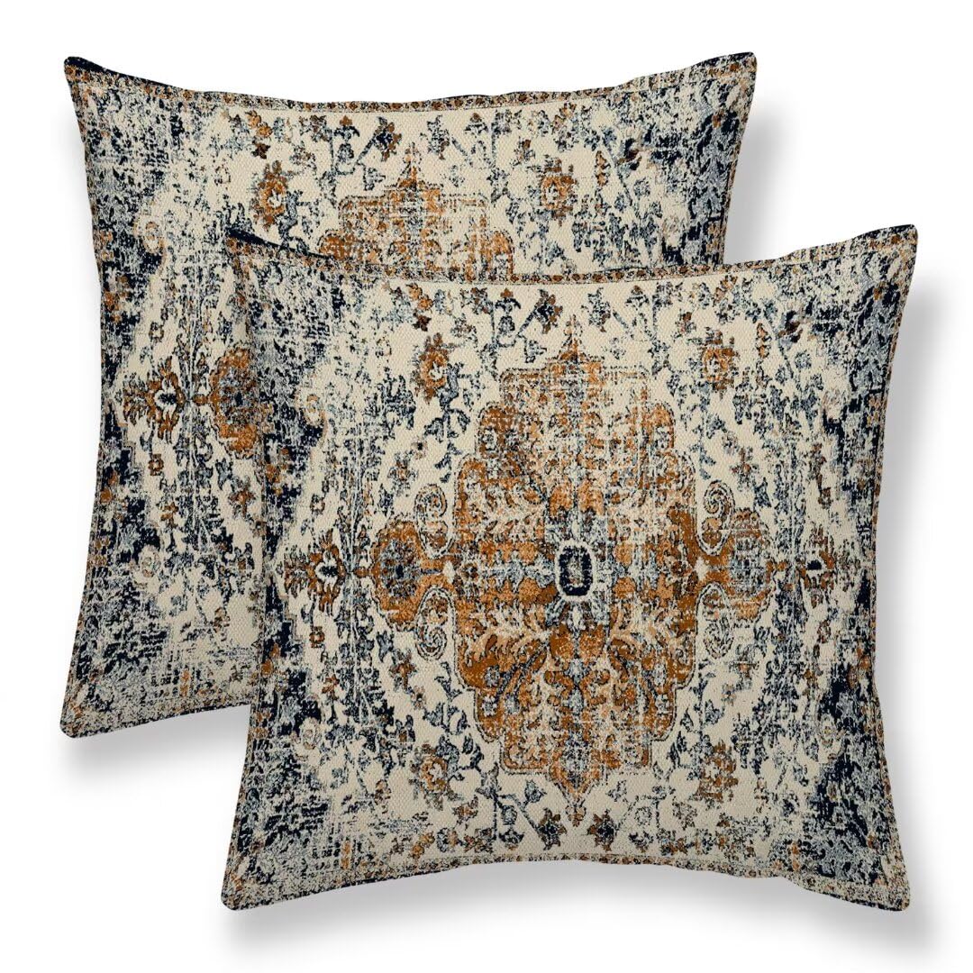 Sunshineyan Boho Throw Pillow Covers 22x22 Set of 2, Ethnic Carpet Pattern Pillow Covers Gold Blue Rustic Farmhouse Cushion Cases Linen Decorative Gifts for Couch Sofa Indoor Outdoor