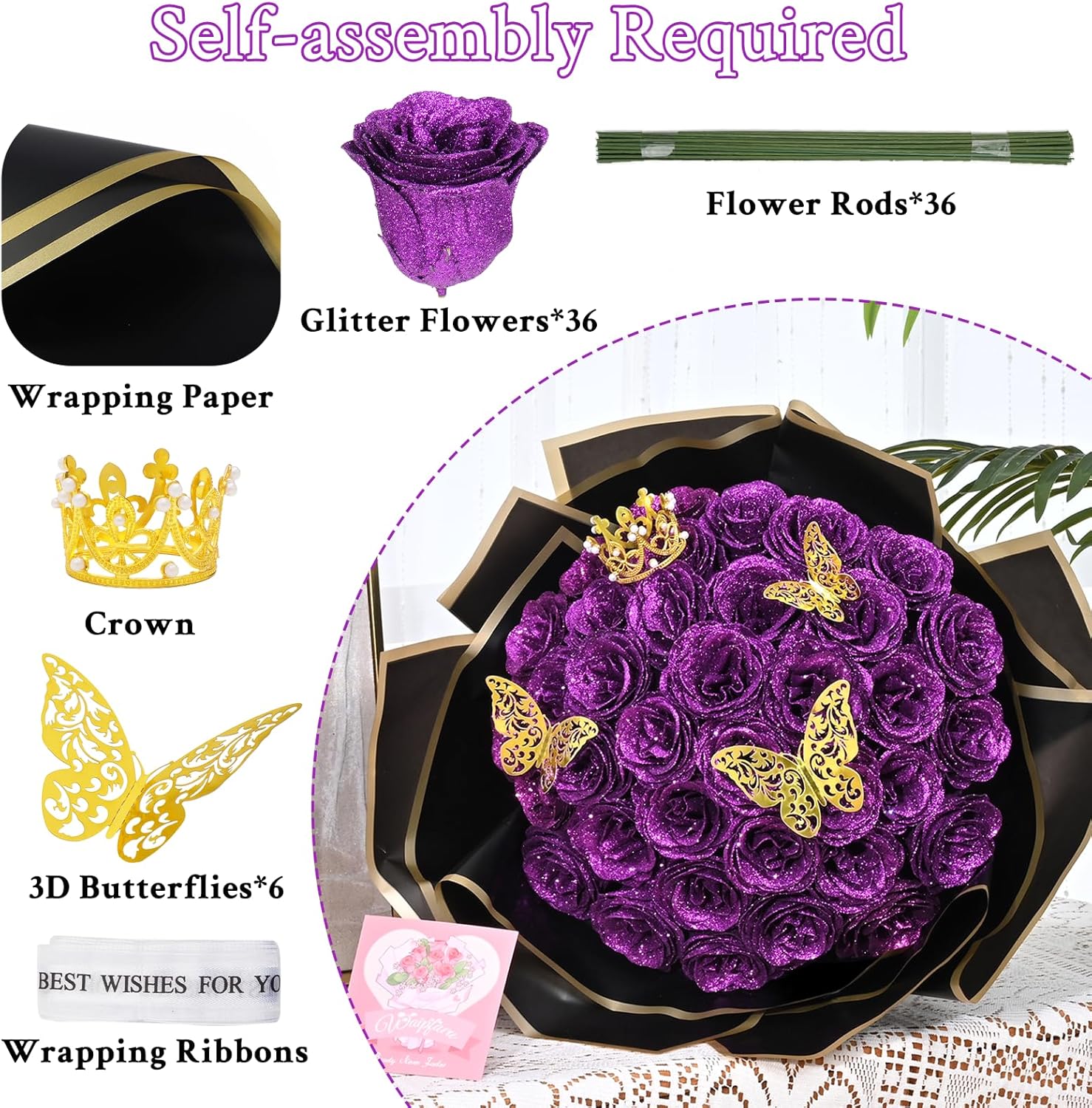 Waipfaru Glitter Roses Bouquet, DIY Fake Flowers Bouquet, Birthday Gifts for Women Mom, 36 Pcs Purple Rose for Wife Girlfriend Valentines, Mothers Day, Anniversary, Graduation - Image 7