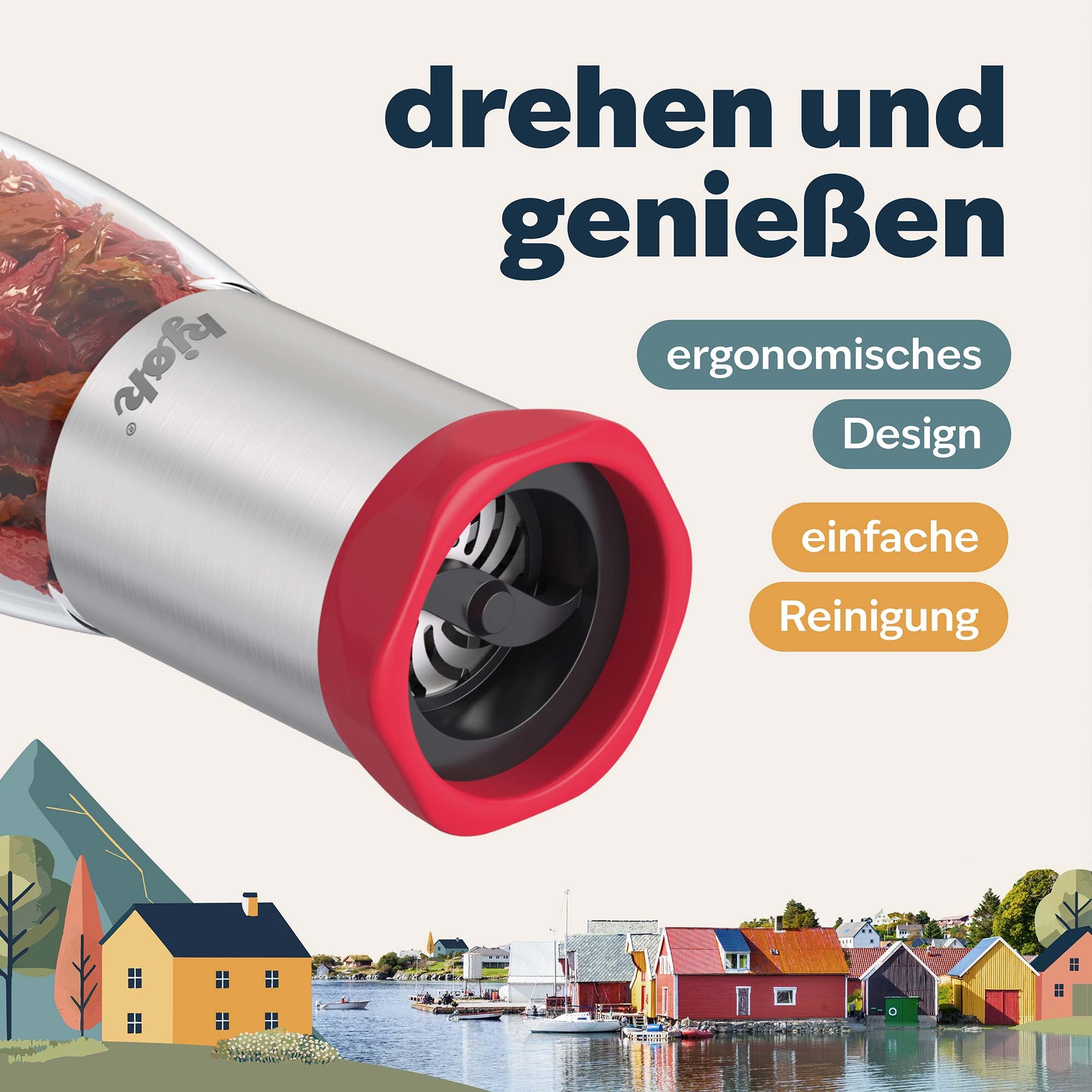 kjøk Młynek do chili 100 ml, stal i szkło – młynek do przypraw | Ręczny młynek do chili ze stalowym mechanizmem tnącym i szklanym pojemnikiem – z pokrywką chroniącą zawartość