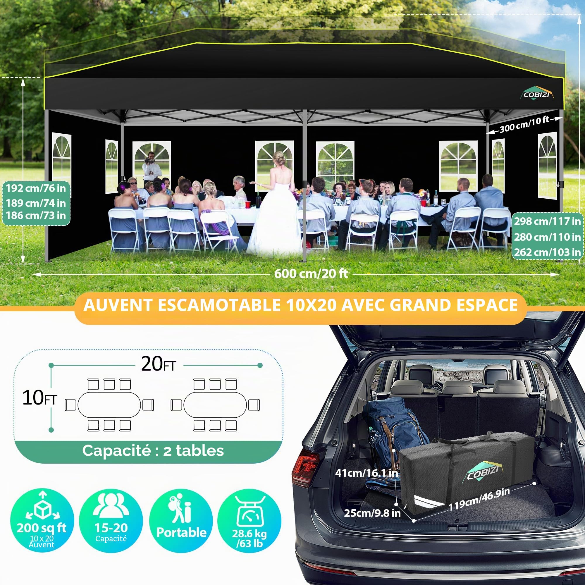 COBIZI Tonnelle Pliante 3x6, Tonnelle de Jardin Exterieur, Imperméable Tente de Reception avec 6 Panneaux Latéraux, Protection UV 50+, Tonnelle de Jardin pour Fêtes Commercial Mariage,Noir