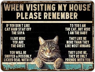 Vintage Metal Sign Cat Rules When Visiting My Home Cat Metal Poster for Kitchen Porch Bedroom Living Room Metal Plaque 12 * 16in