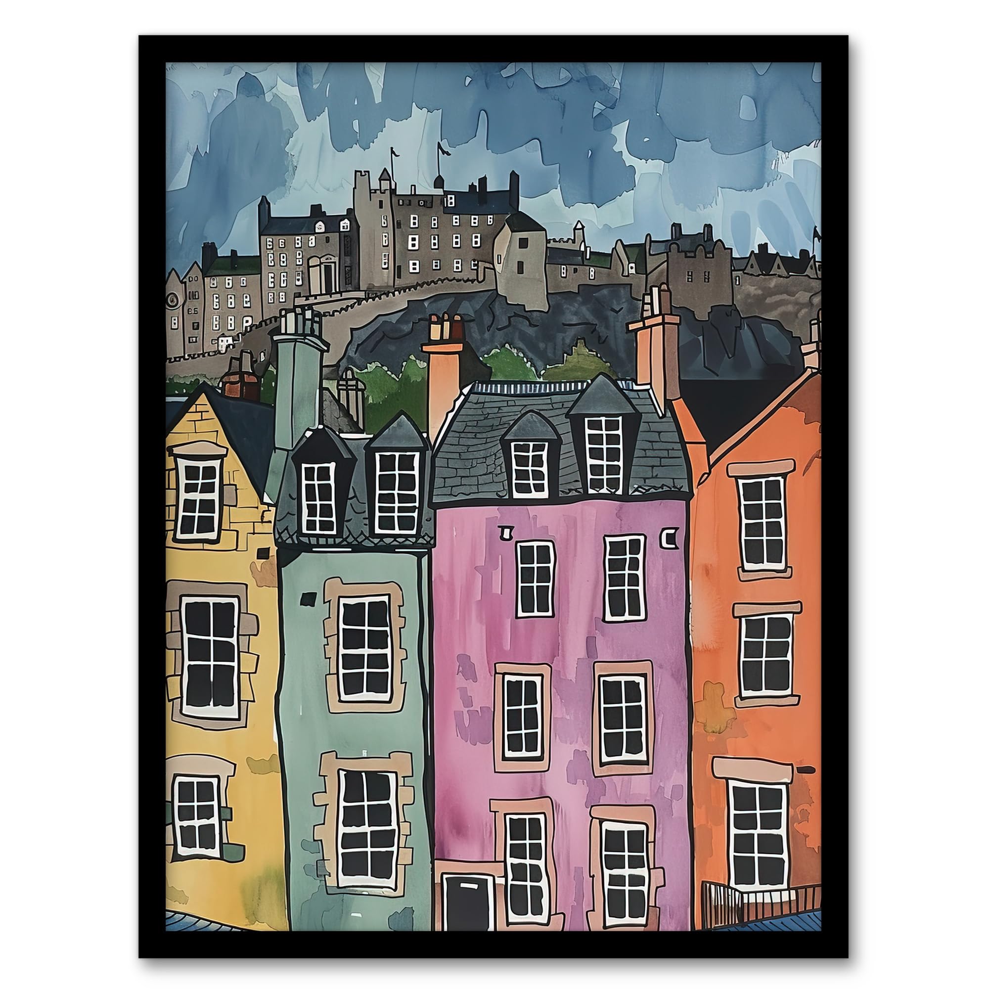 Artery8 Framed 18X24" Edinburgh Castle Grassmarket Cityscape Scotland Living Room Artwork Framed Wall Art Print 18X24 Inch