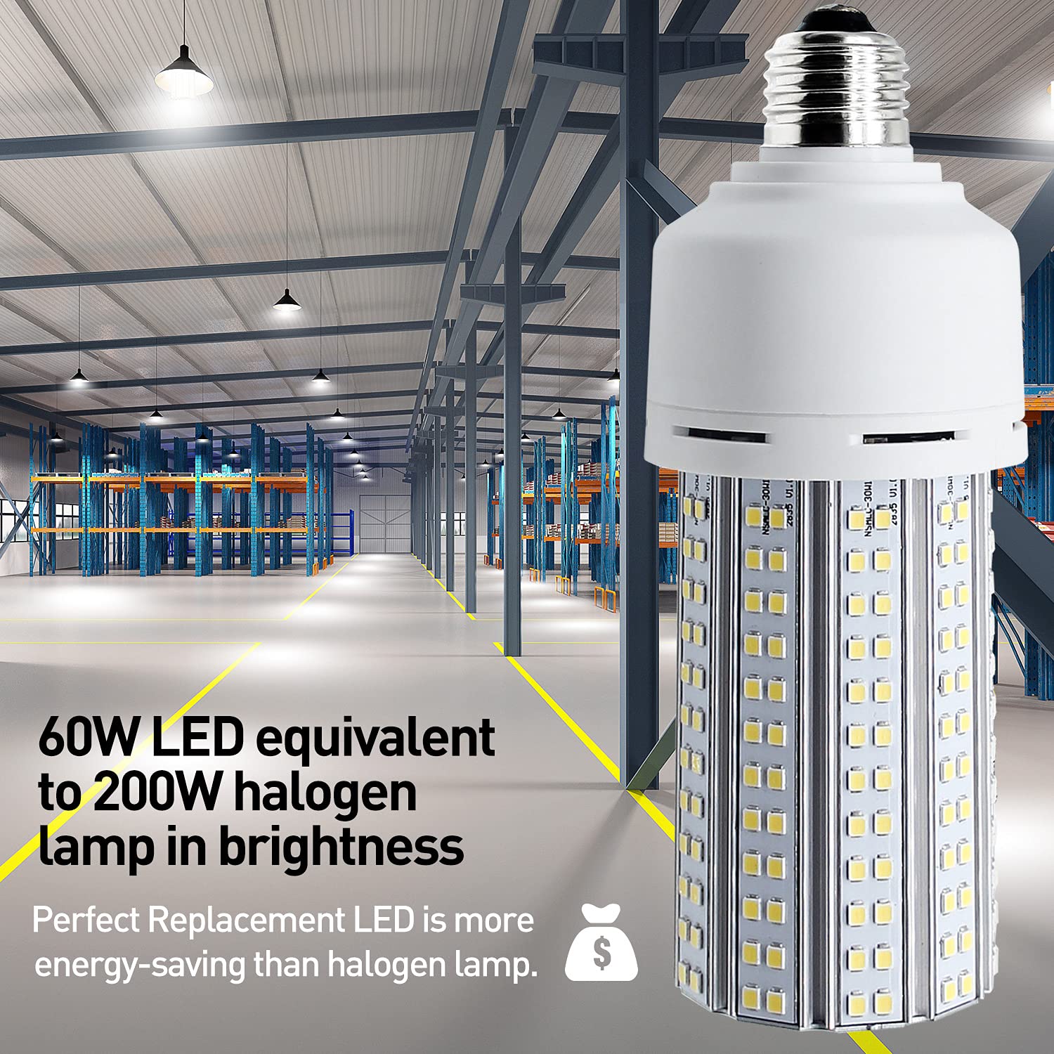 LED-Mais-Leuchtmittel, entspricht 600 W, 7500 Lumen, 60 W, großer Raum, kühles Tageslichtweiß, E26/E27, Mittelsockel für Garage, Hinterhof, Schlafzimmer, Lager, Fabrik, Werkstatt, Straße