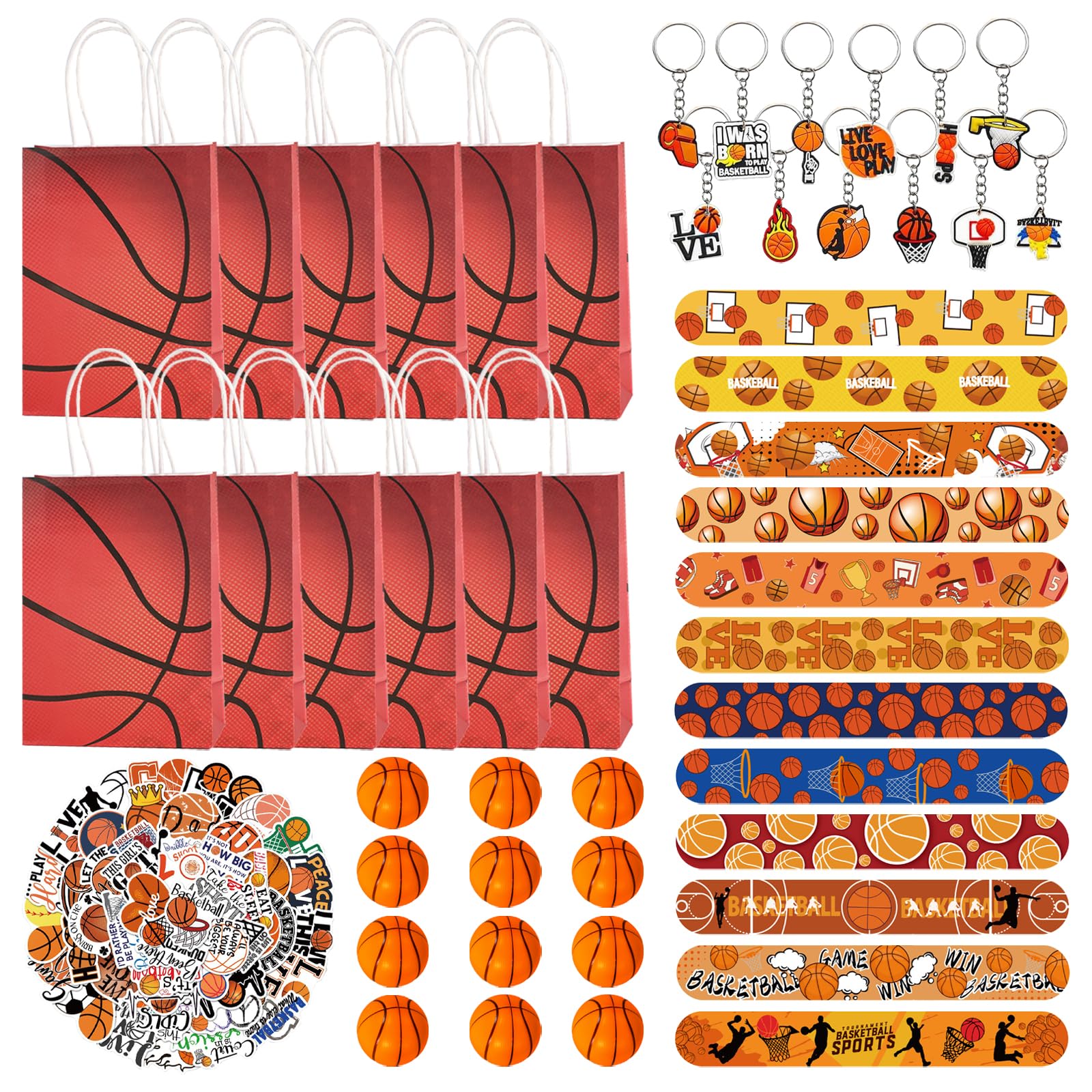Eymobad Basketball Party Gifts, 98 Pieces Basketball Party Bag Set, Bracelets Paper Bags Key Ring Mini Basketball Stress Balls Stickers, Sports Party Accessories, for Children, Basketball Fans