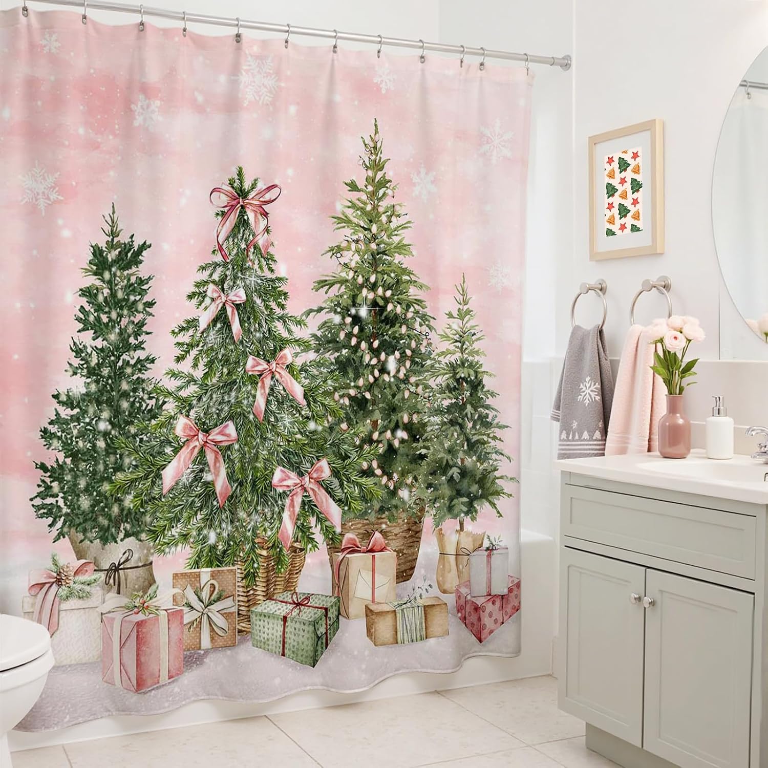 Mocsicka Merry Christmas Shower Curtain Cute Watercolor Pine Tree Christmas Bathroom Decor Washable Holiday Shower Curtains for Bathroom (Pink, 71x71inch)