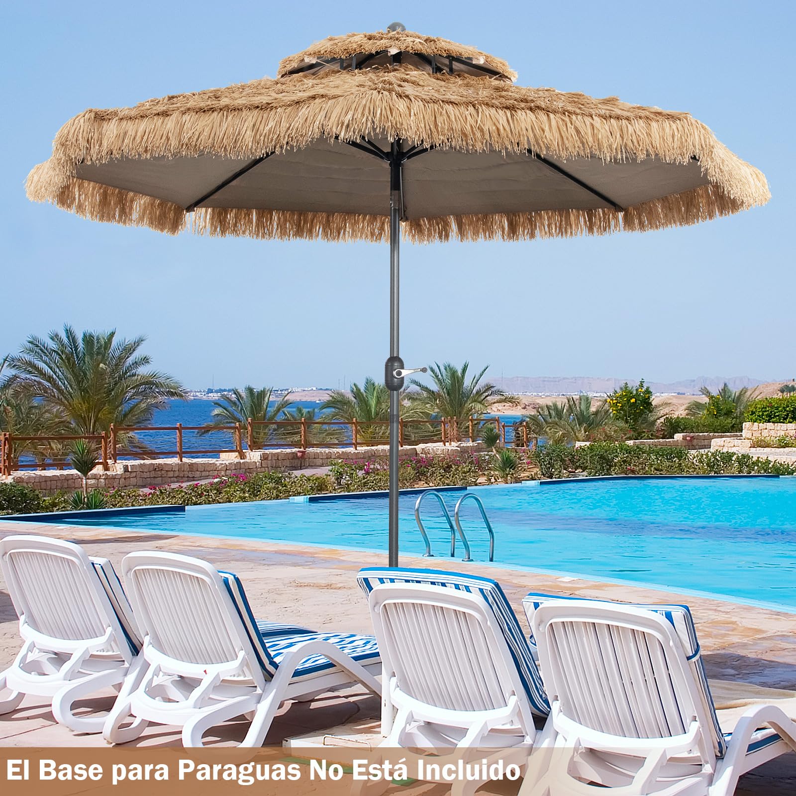 GOPLUS Sombrilla Paja Hawaiana 3/2,7m, Parasol de Jardin Inclinable con 8 Varillas, Sombrilla Terraza Exterior con Techo Doble para Piscina，Patio