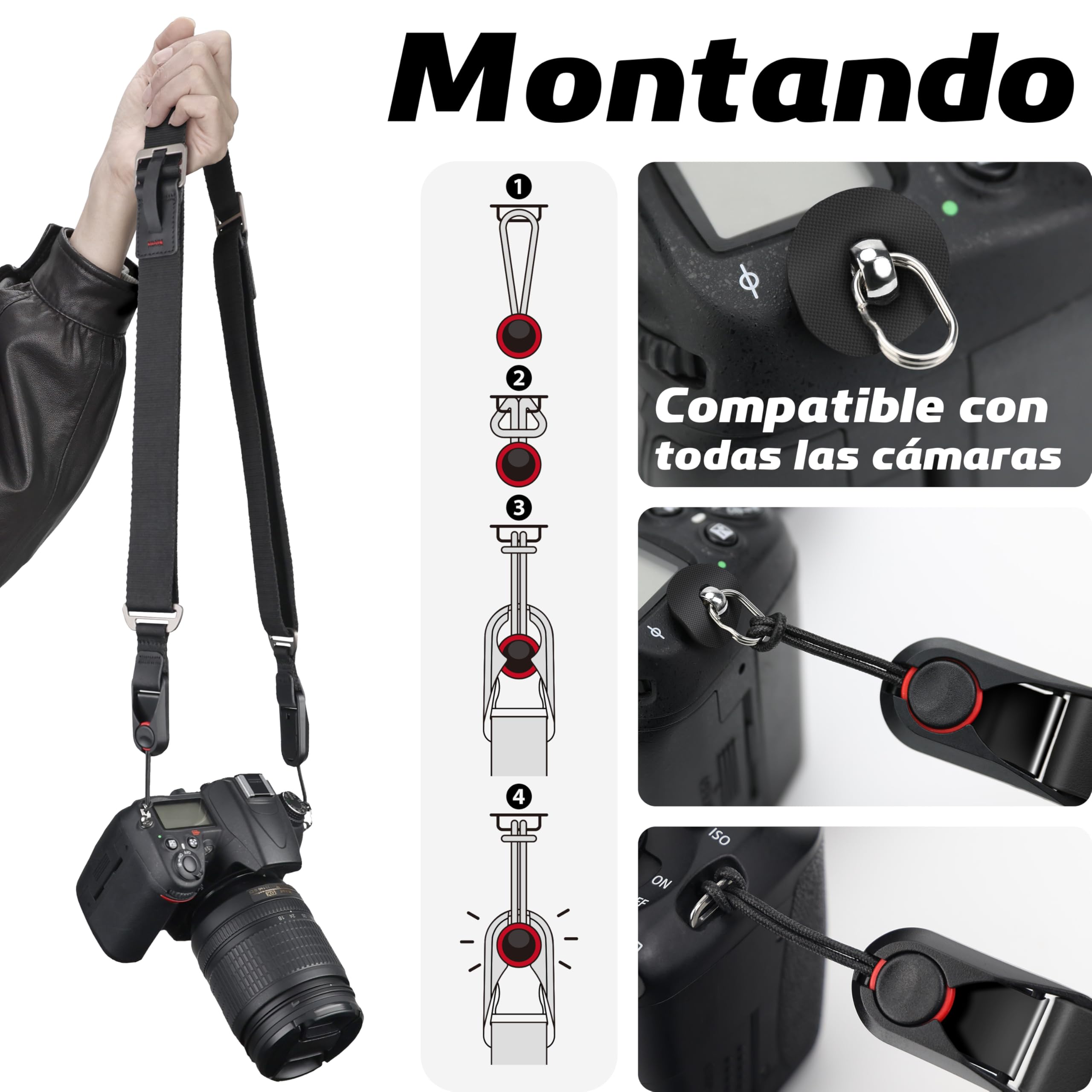 Sunya Correa de Cámara con Hebilla Liberación Rápida. Hecho de nylon de avanzado, ajustable con una sola mano, compatible con todas las cámaras, capacidad máxima de carga de 90 kg.