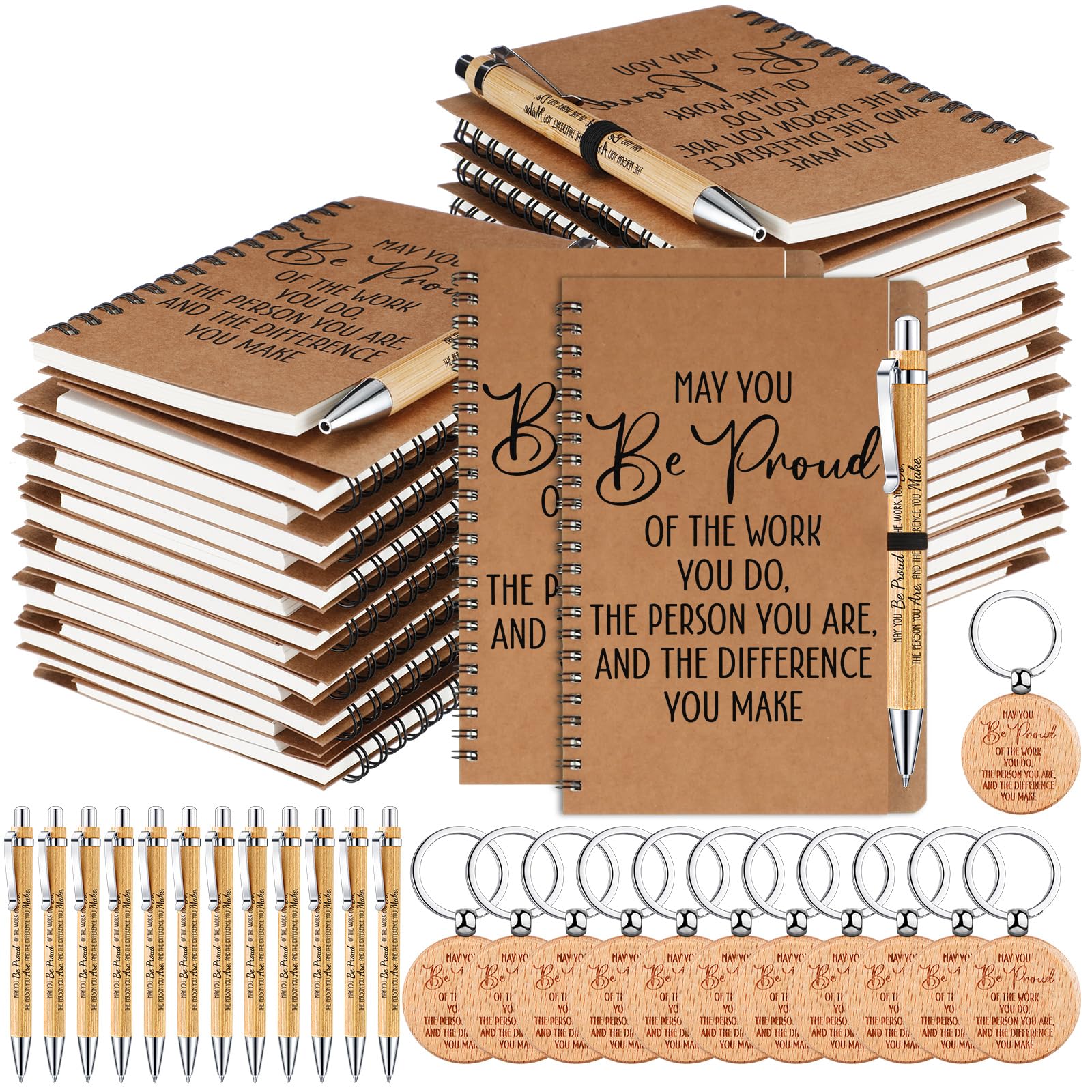 Gueevin 90pcs Employee Appreciation Gifts Bulk Inspirational Spiral Notebook with Motivational Bamboo Ballpoint Pens Appreciation Keychains for Nurse