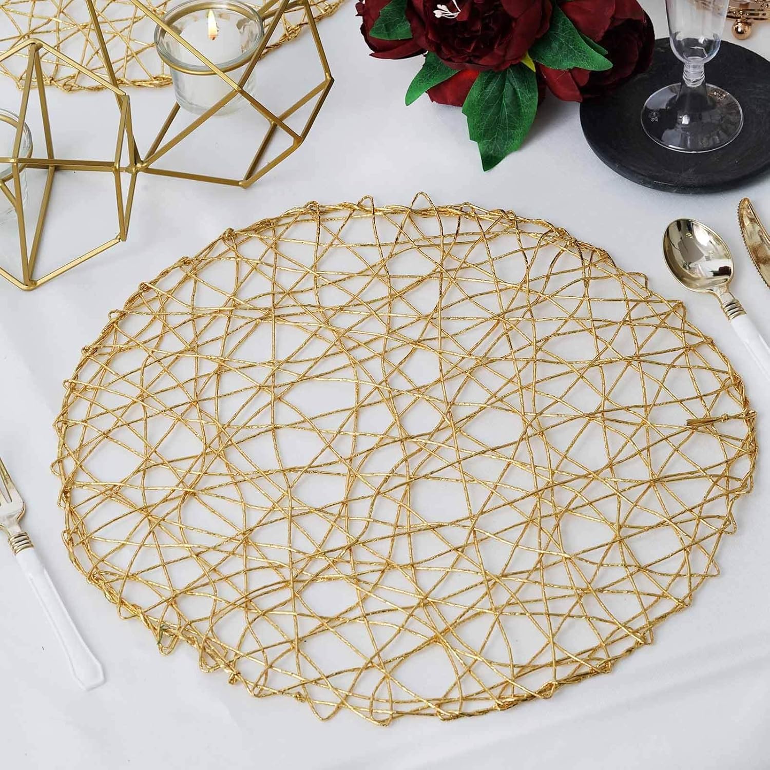 Gold 15'' Round Metallic String Placemats Set of 6