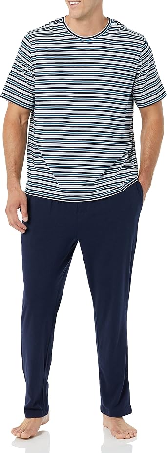 Amazon Essentials Mens Super Soft Modal Cotton Pajama Set, T-Shirt -Length Bottoms Loungewear