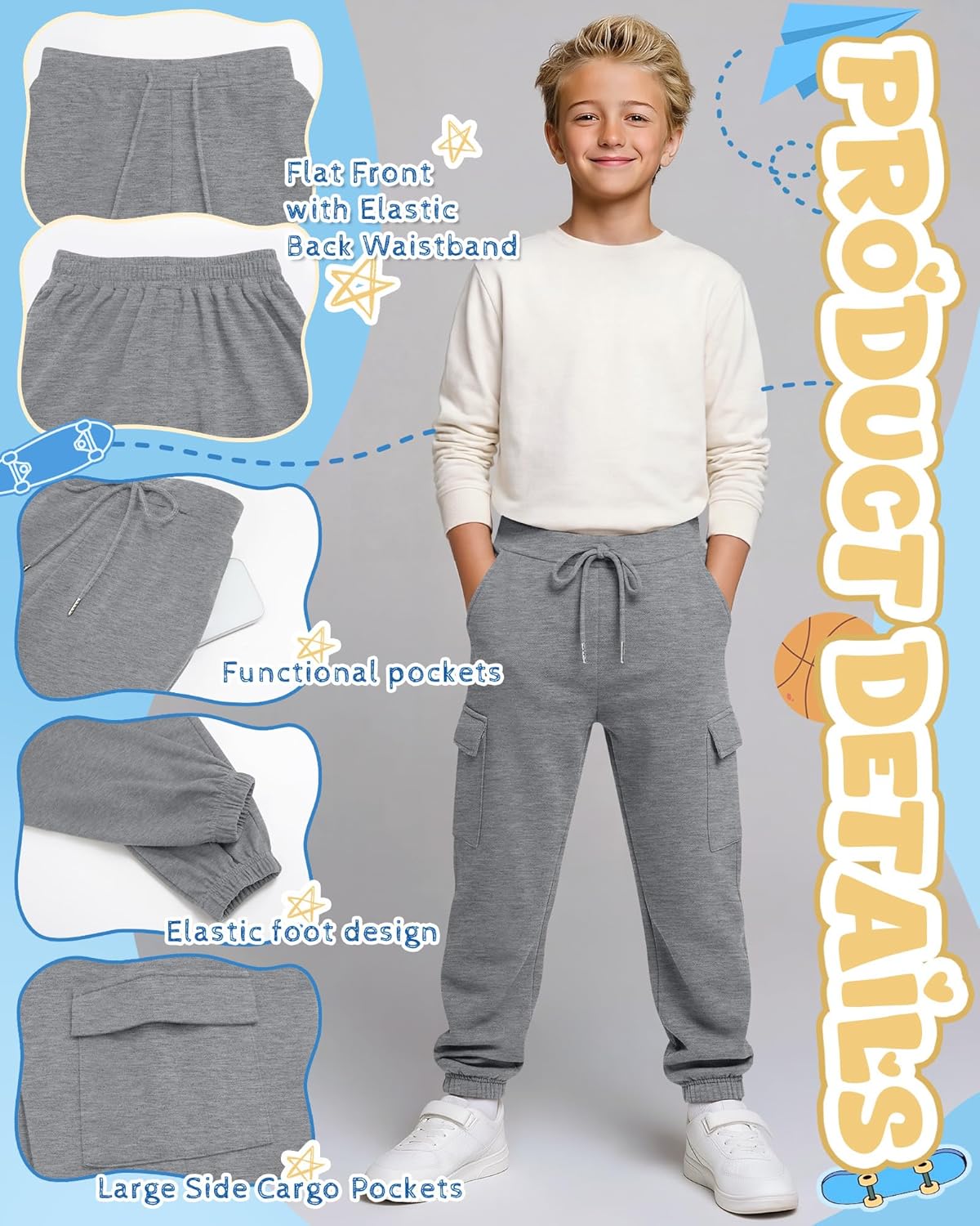 3 Pack Boy's Cargo Sweatpants Kids Teens Drawstring Running Joggers with Pockets Elastic Waistband Athletic Pants - Image 4