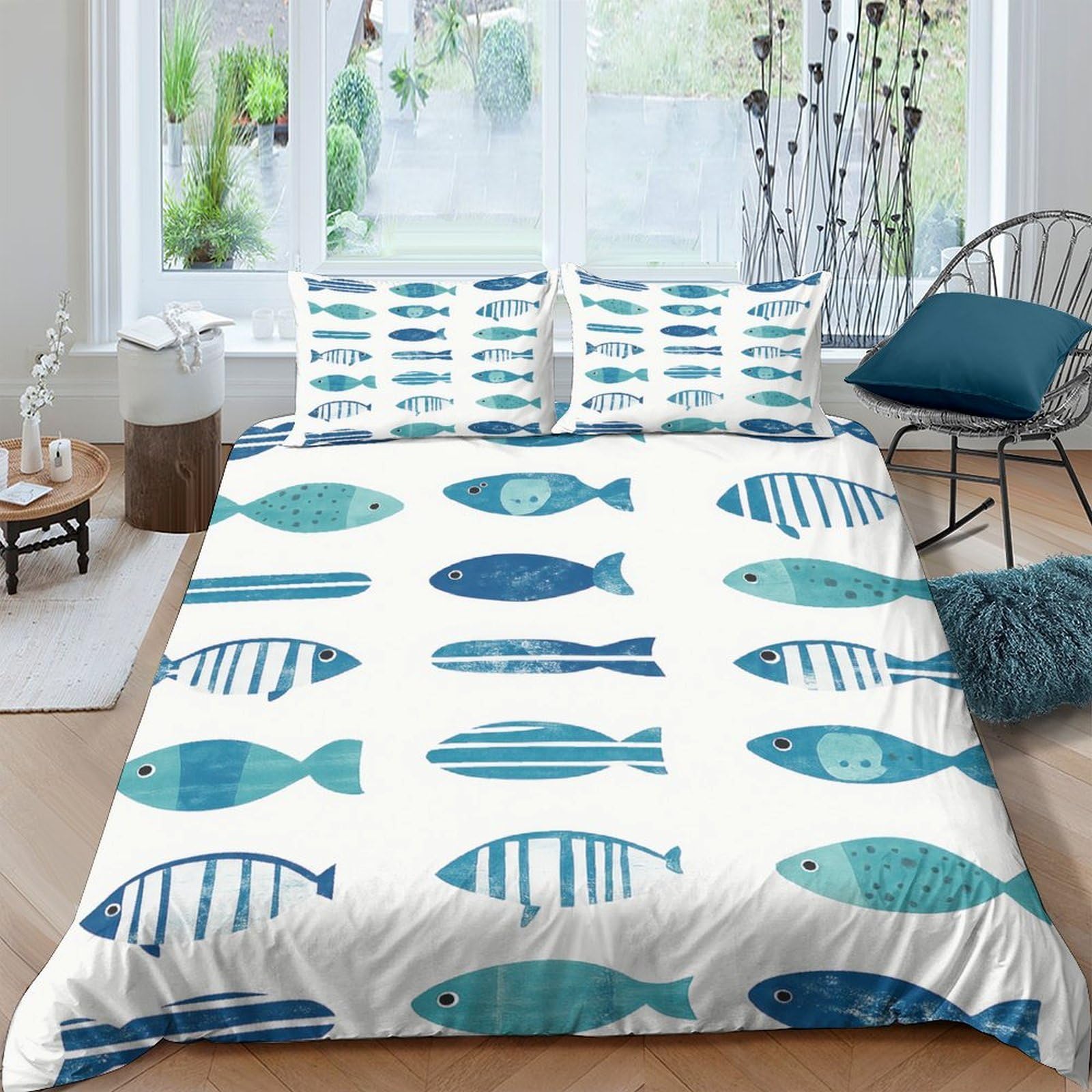 Ctjqhvkz Style-1 3D Printed Blue Ocean Fish Fitted Sheet Microfiber Non Slip Mattress Cover For Bedroom Guest Room Machine Washable Decor Single（135X200cm）
