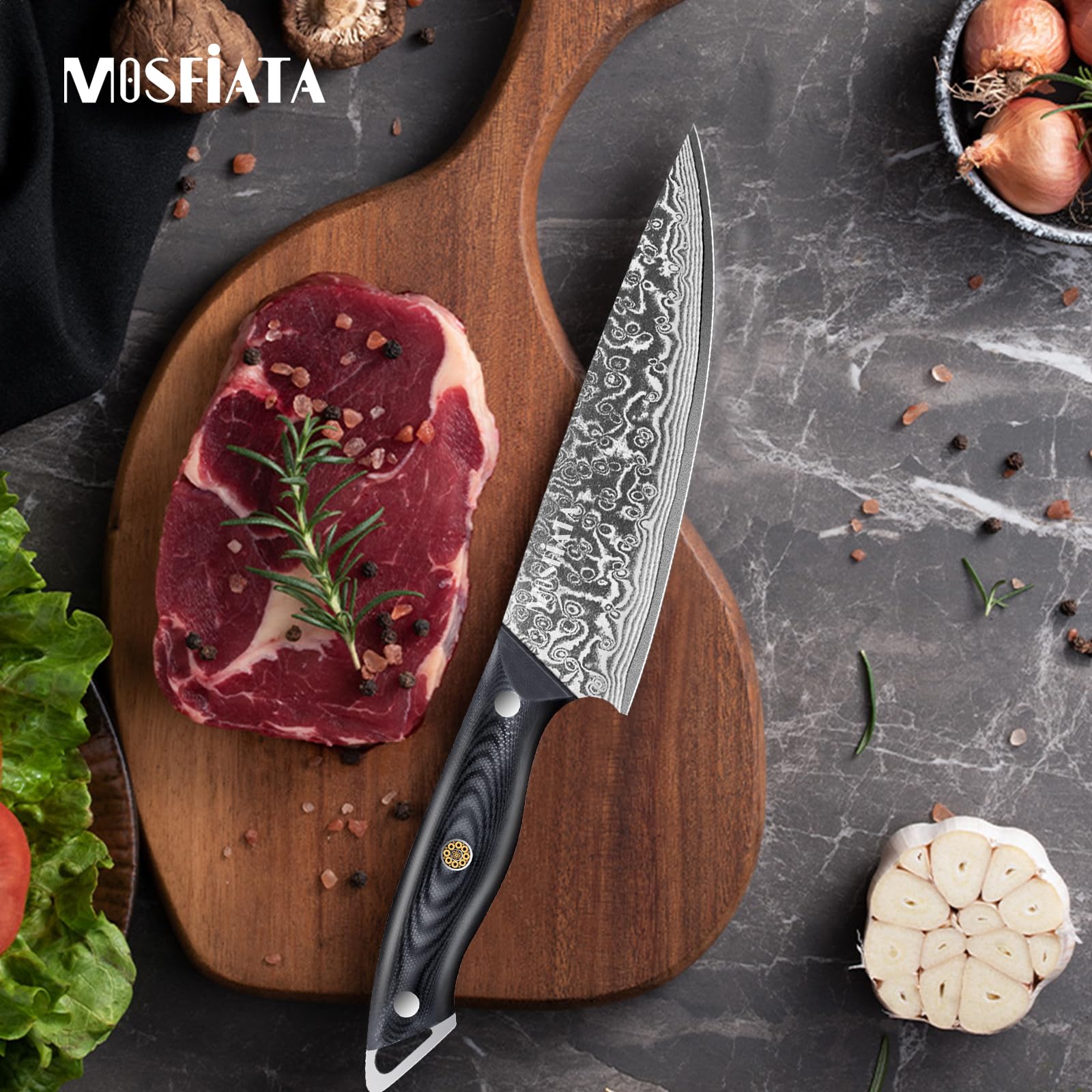 MOSFiATA Couteau de Chef Professionnel Damas 20 cm, Tranchant et Durable