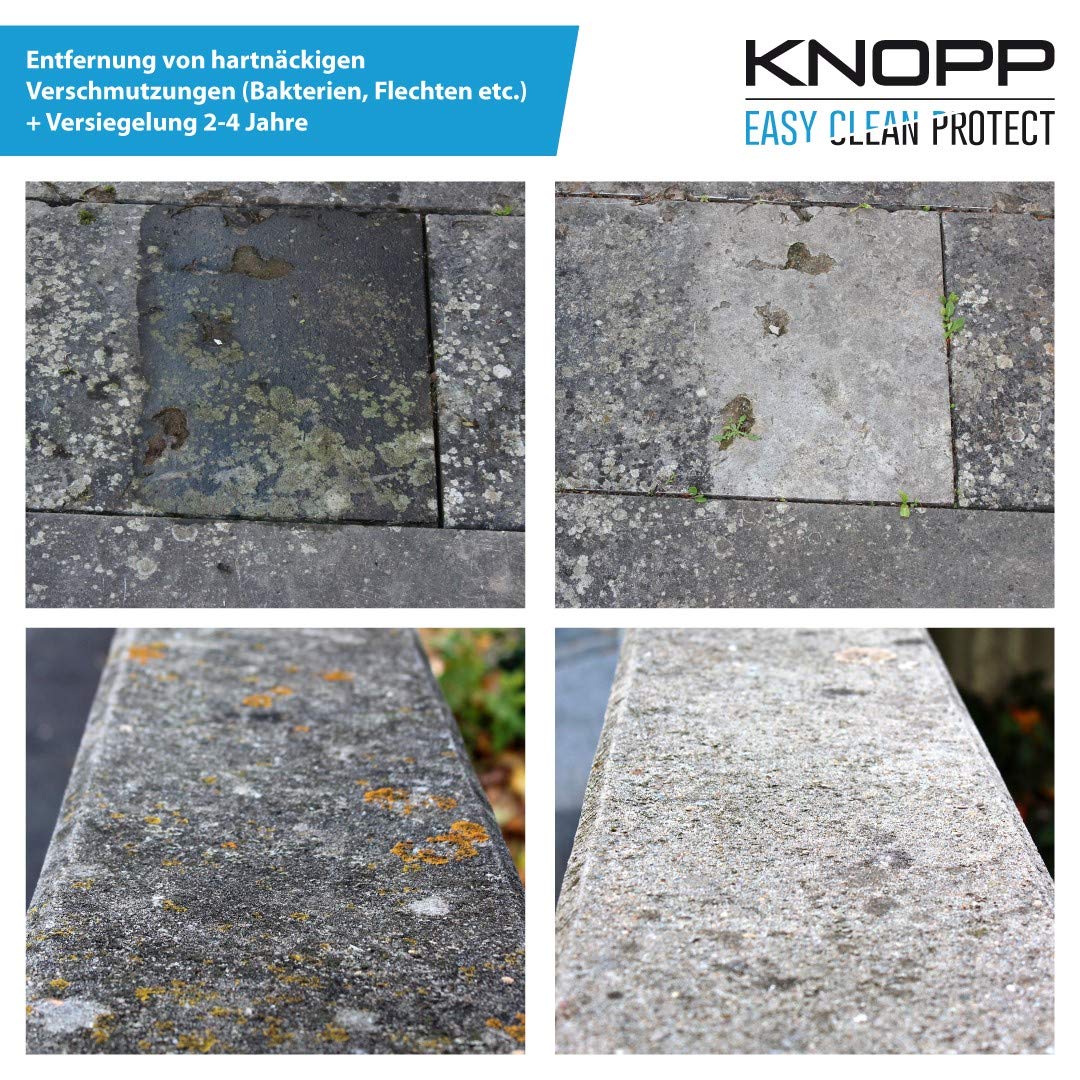 KNOPP Flechtenentferner, Flechtenex, Terrassenreiniger, Pflastersteinreiniger, Waschbetonplattenreiniger, Grünbelagentferner, Algenentferner, Algenvernichter, Steinreiniger; gebrauchsfertig, 1l