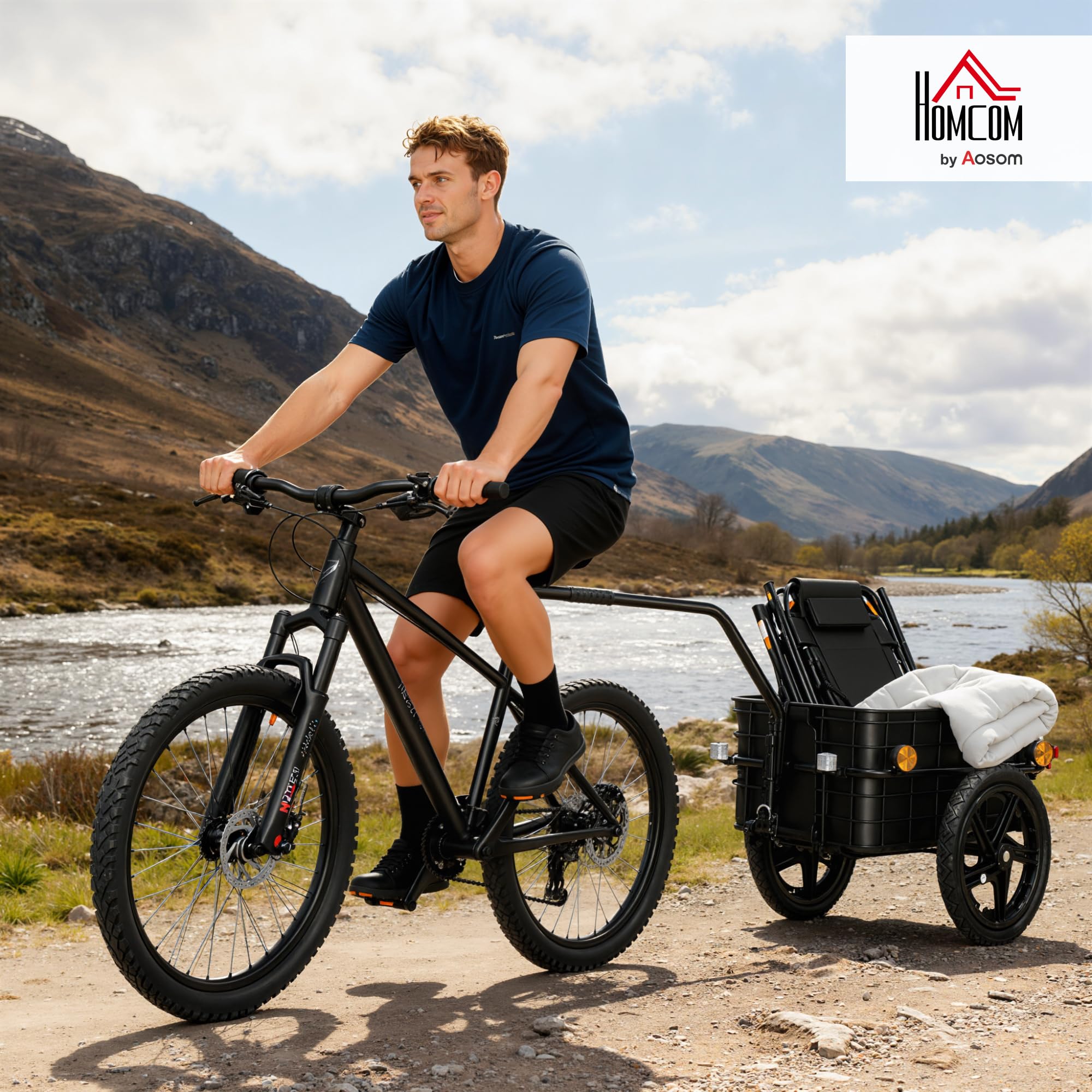 HOMCOM Remolque de Bicicleta para Carga 40 kg, Carro de Mano con Cubierta de Tela Oxford Impermeable, Reflectores, Marco de Acero y Asas para Transporte de Equipaje, 144x59x80 cm