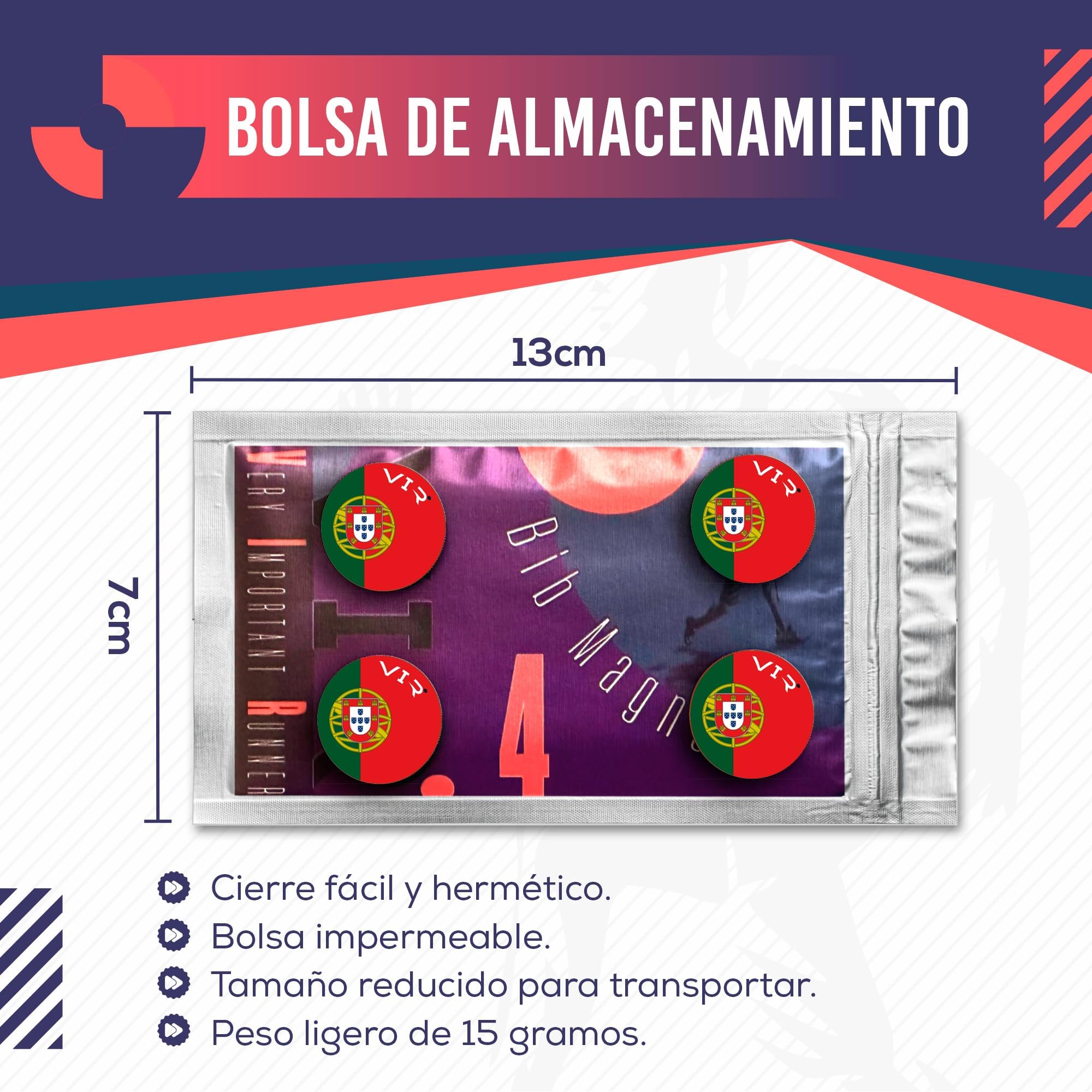 Pack com 4 Ímanes Desportivos com Bolsa Impermeável - Ímanes Porta-Dorsais para Corrida e Triatlo 18mm - Fixação Segura Sem Furos na Roupa - Bandeira de Portugal — view 3