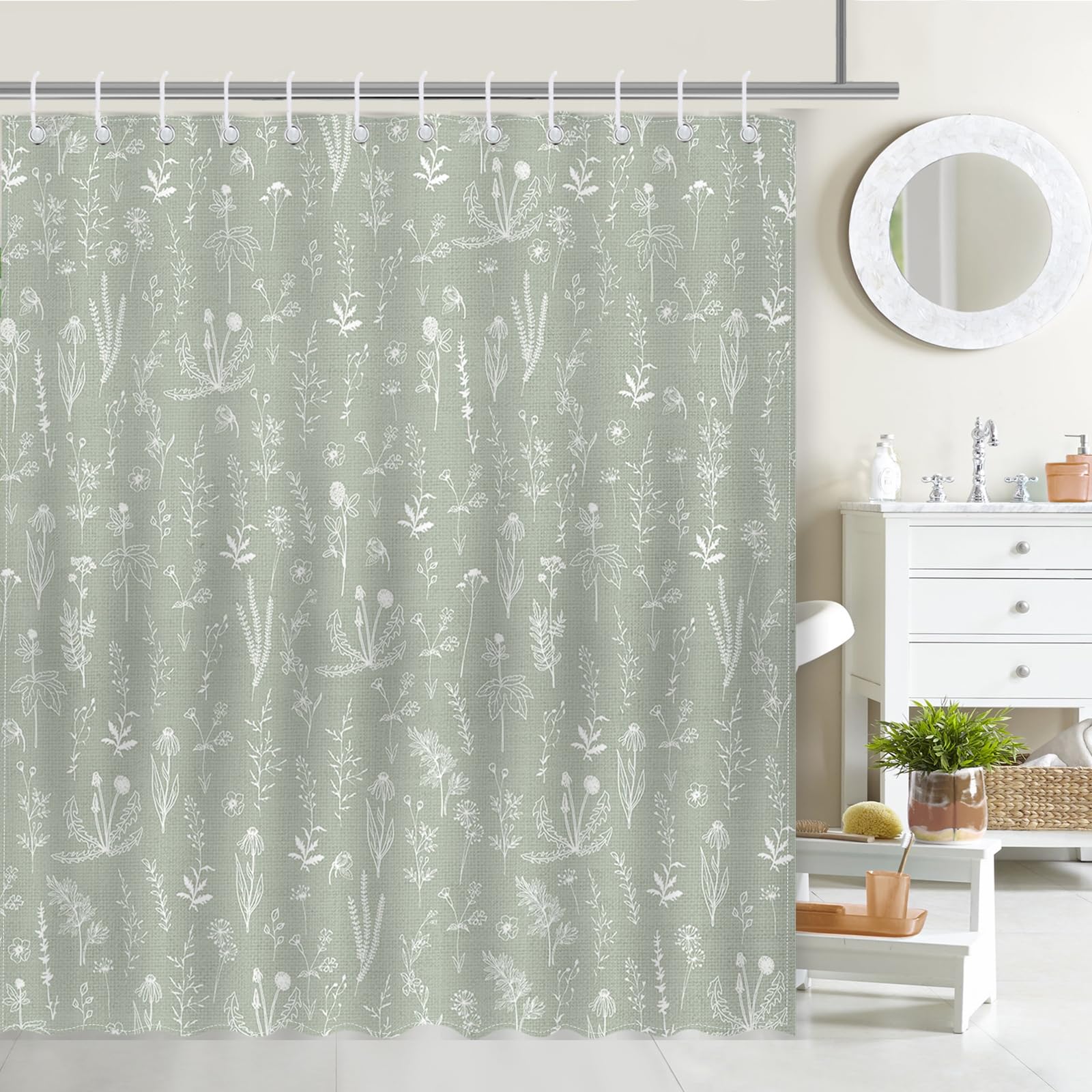 Mocsicka Green Botanical Shower Curtain with 12 Hooks, 72x72 Inches