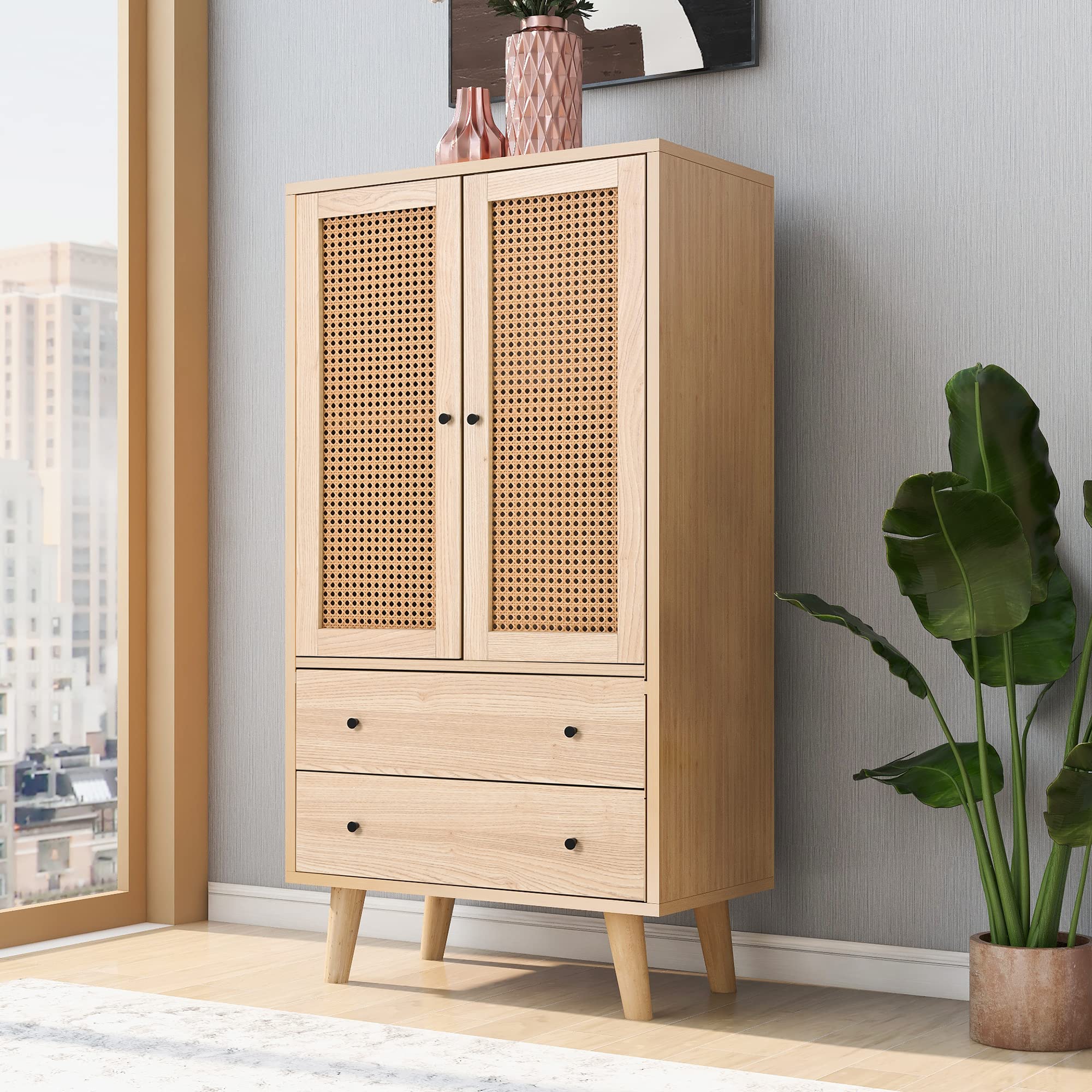 Merax Kommode mit 2 große Schubladen und 2 Türen, Badezimmerschrank aus Holz mit Rattan Türen, Highboard Küchenschrank Bücherschrank, für Schlafzimmer & Wohnräume & Büro, Offwhite, 60 x 40 x 120 cm