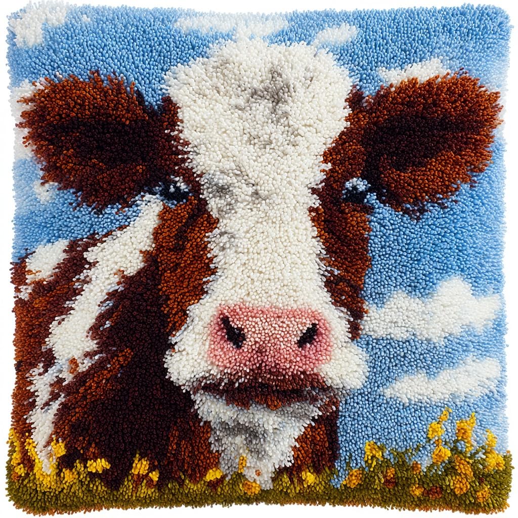 Henypt DIY Latch Hook Kits Pillow, Animals, Cattle Latch Hook Kits Pillow Case Embroidery Carpet Set Needlework Crocheting Cushion Embroidery Set 43x43cm