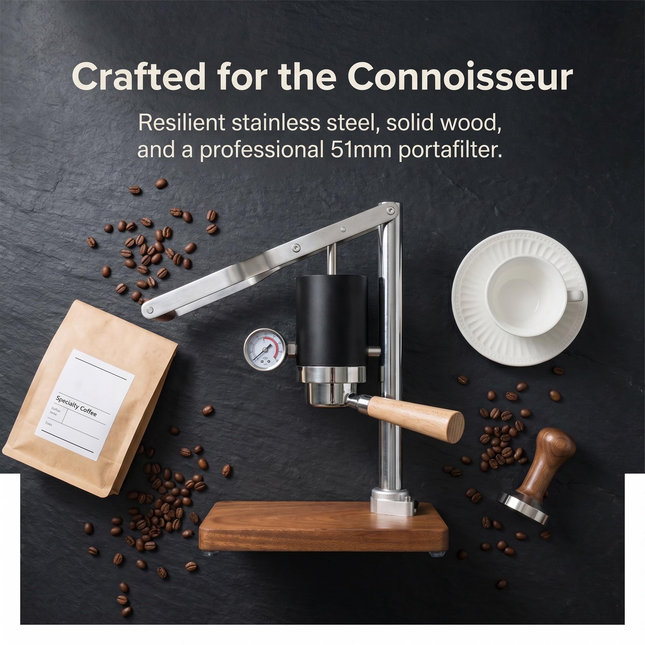 Macchina per caffè espresso manuale con manometro, manico da 51 mm, base in legno, non richiede elettricità, perfetta per baristi domestici
