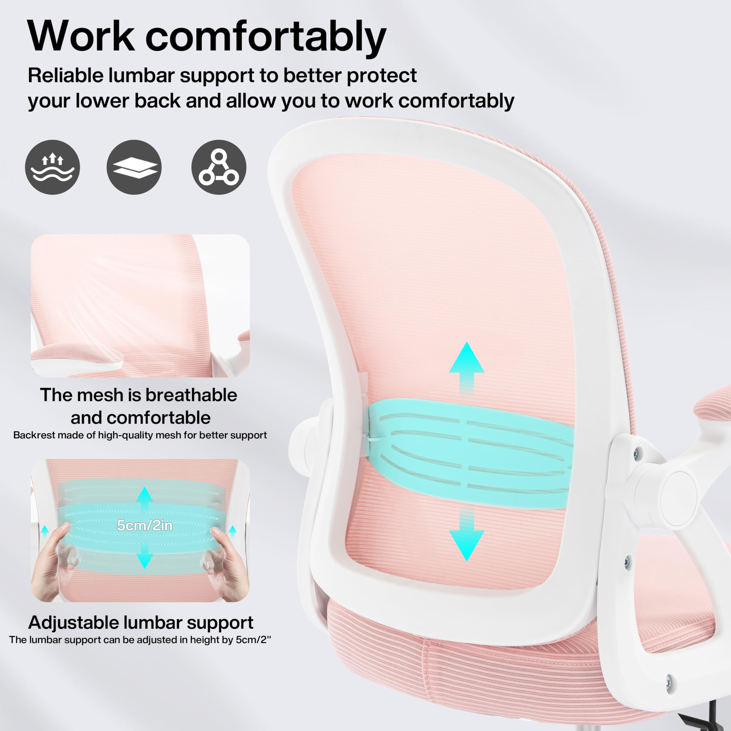 Fizzin Ergonomischer Bürostuhl Rosa Schreibtischstuhl, 150 kg | Mesh Drehstuhl mit gepolsterten klappbaren Armlehnen, verstellbare Lendenwirbelstütze für Büro, Homeoffice und Gaming