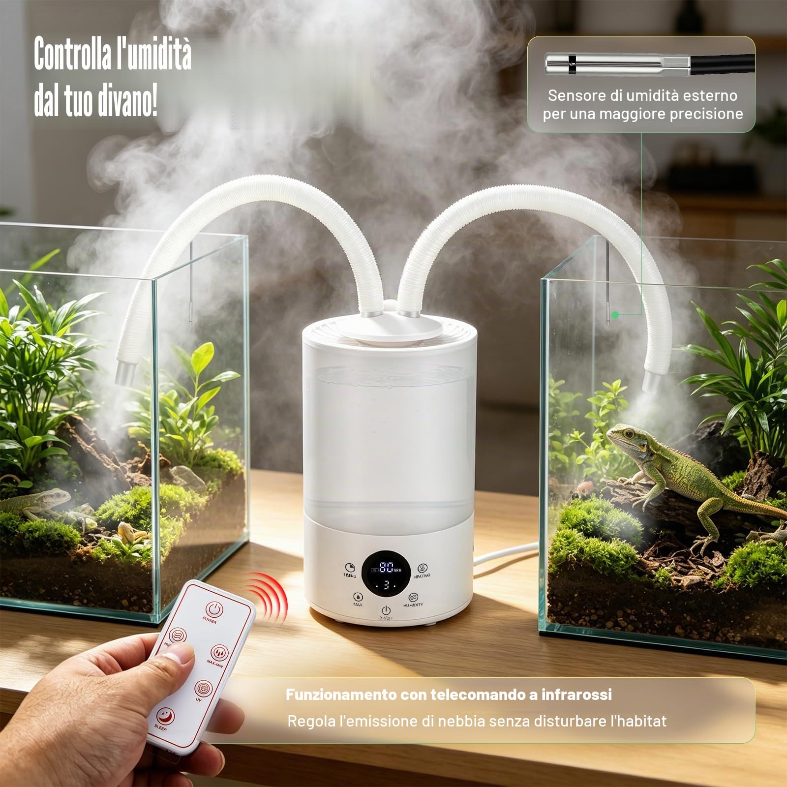 Umidificatore per rettili, 4 l, nebulizzatore per terrario con sensore di umidità, timer, doppio tubo estensibile, ultra silenzioso, grande macchina per nebulizzazione per rettili anfibi piante