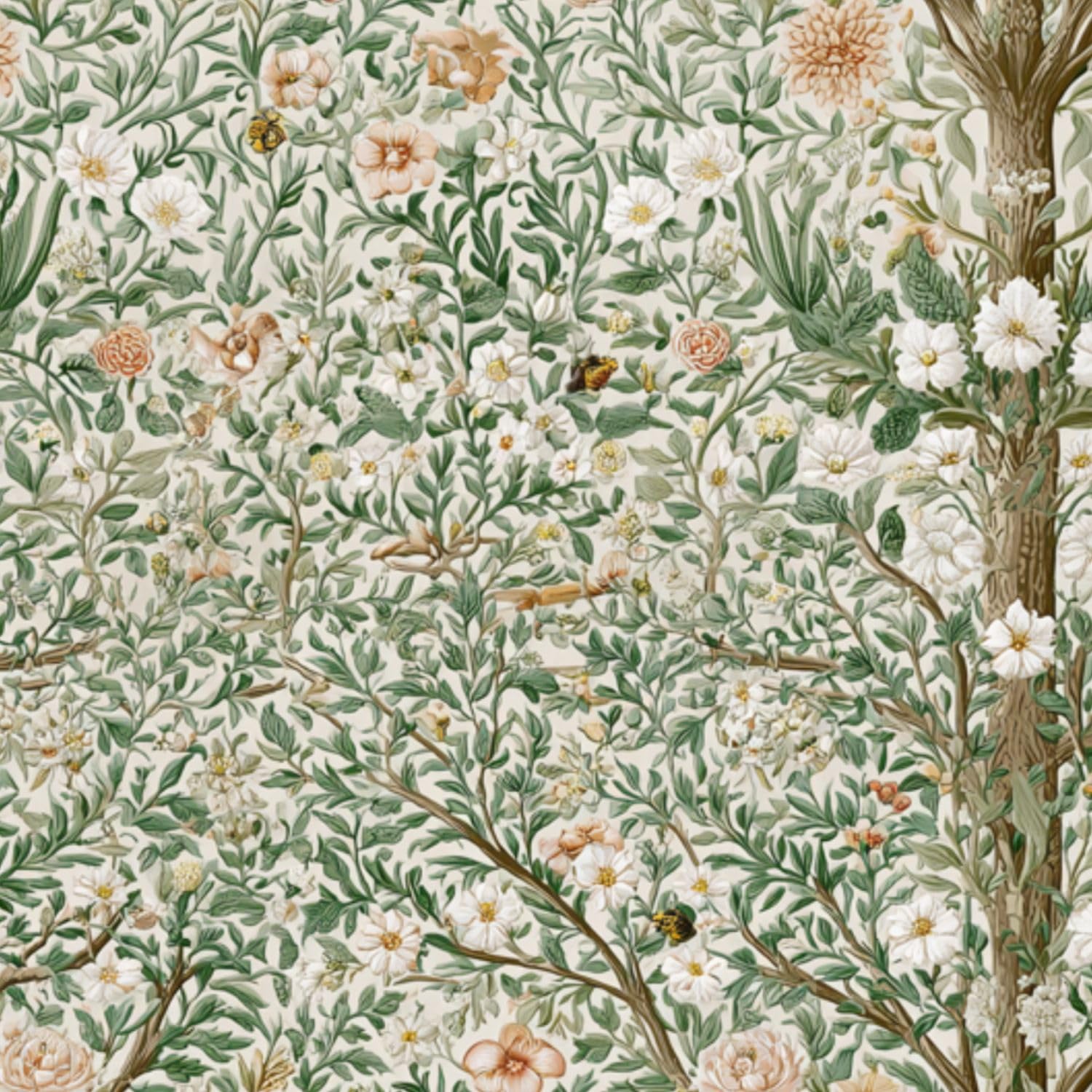 DERUINVAIO Self Adhesive Feature Removable Vintage Wildflower Fern Bee Peel and Stick Vinyl Wallpaper Roll, Sticky Lining Paper for Bedroom, Living Room, Kitchen Walls