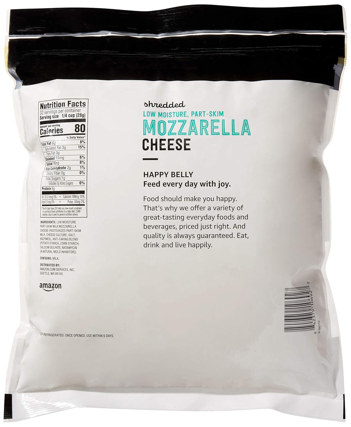 Amazon Brand - Happy Belly Shredded Mozzarella Cheese, Low Moisture Part-Skim Milk, 32 Ounce