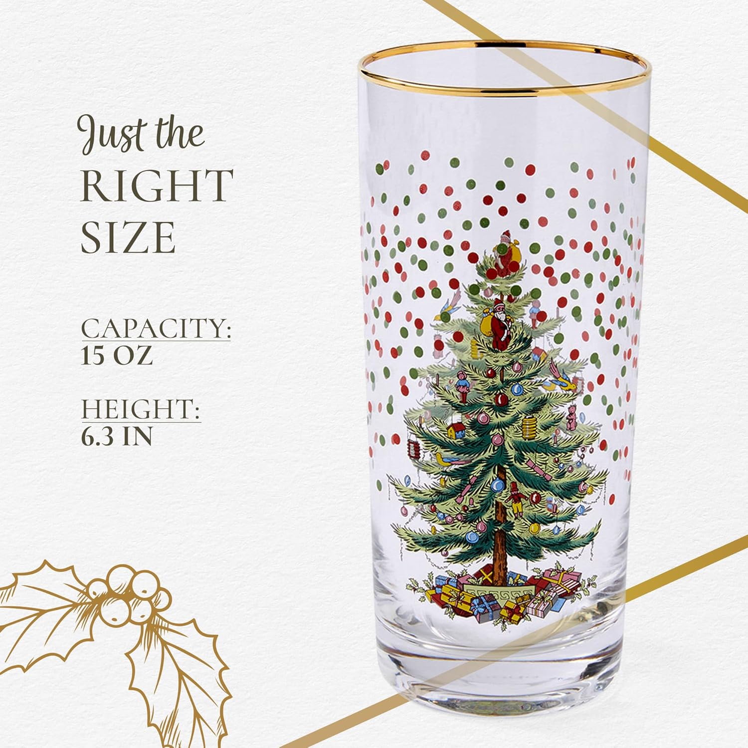 Spode Christmas Tree 15 Fl. Oz. Highball Glass (Set of 4), Polka Dot – Classic Highball & Barware, Cocktail Glasses for Mixed Drinks, Beverage Glasses for Holiday Celebrations
