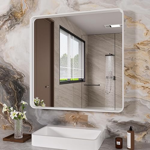 Miniatura 105 de Espejo de baño dorado, 48 x 30 pulgadas, espejo de marco de metal dorado cepillado para pared, espejo rectangular redondeado de tocador de baño