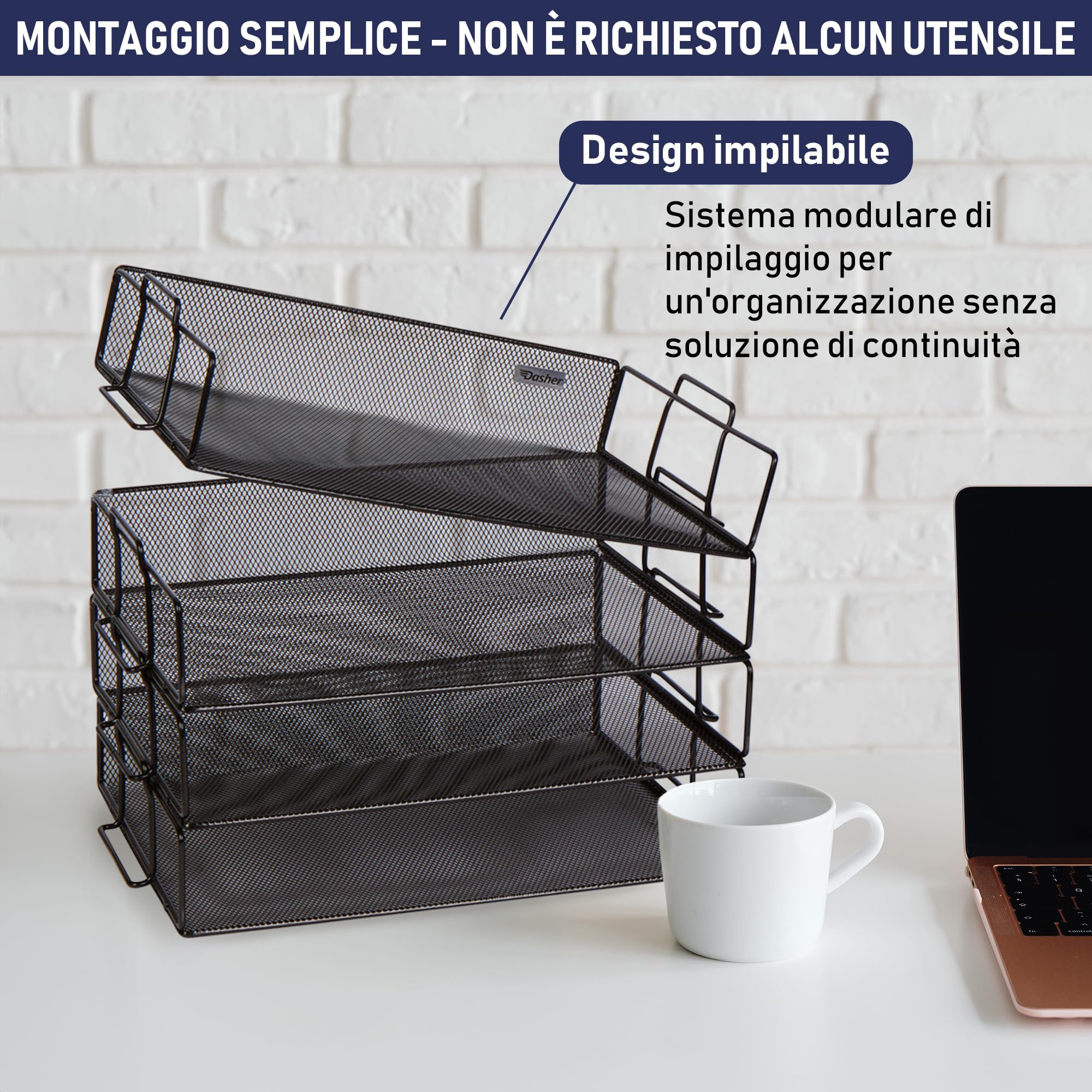 Dasher Products Organizer da scrivania impilabile a 4 ripiani in rete metallica per organizzare documenti, cartelle, lettere, carta, raccoglitori