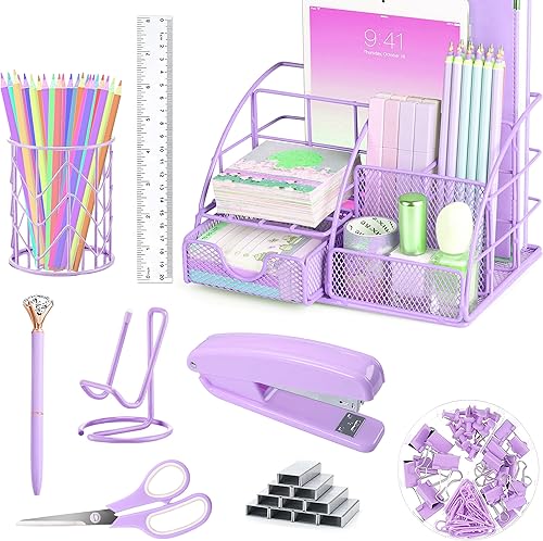Miniatura 8 de Organizador de escritorio rosa y accesorios de oficina, juego de grapadora, soporte para bolígrafo, soporte para teléfono, tijeras, bolígrafo,