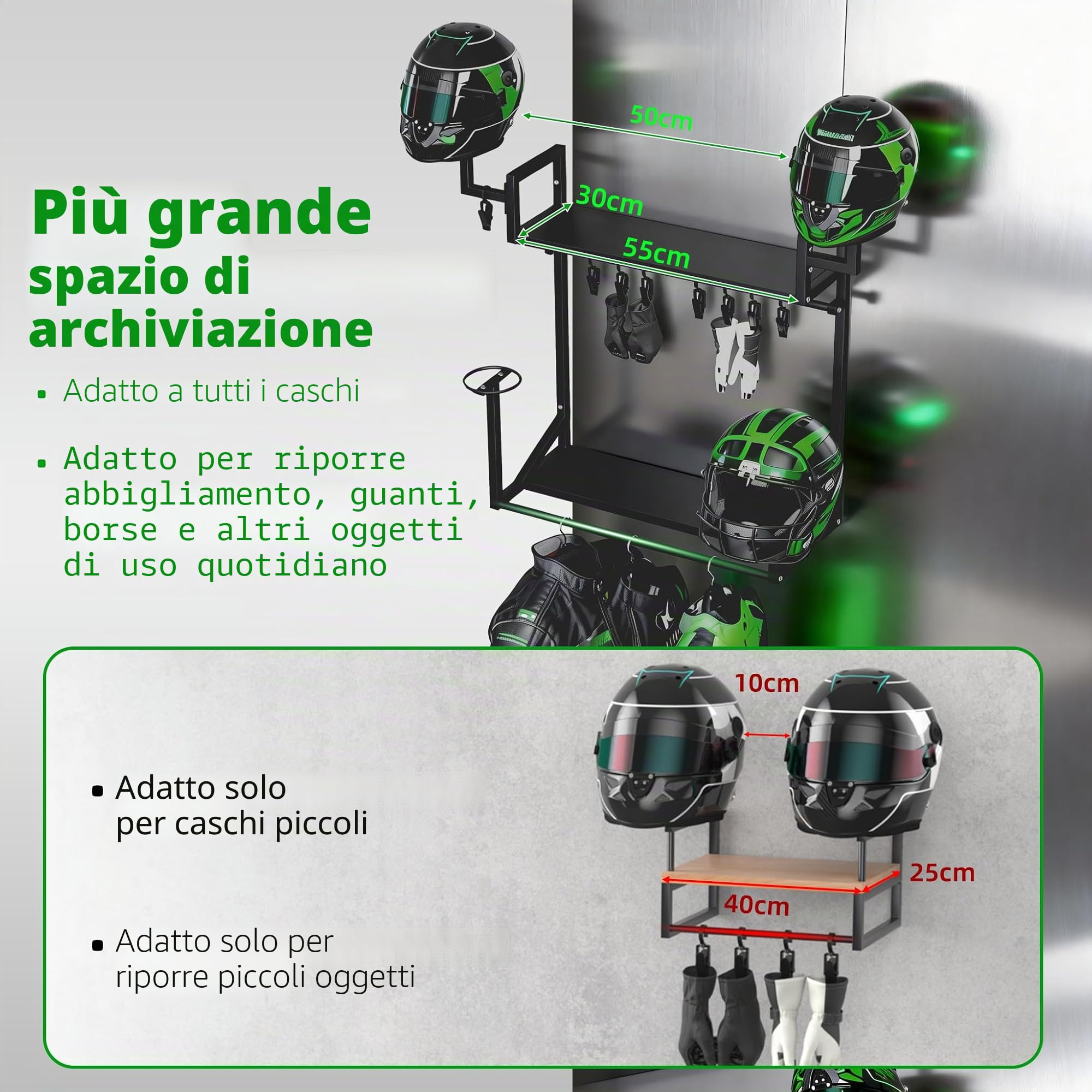 Supporto per casco da parete, 5 in 1, supporto per casco da moto, supporto per con 8 ganci, robusto da parete in acciaio per caschi da calcio