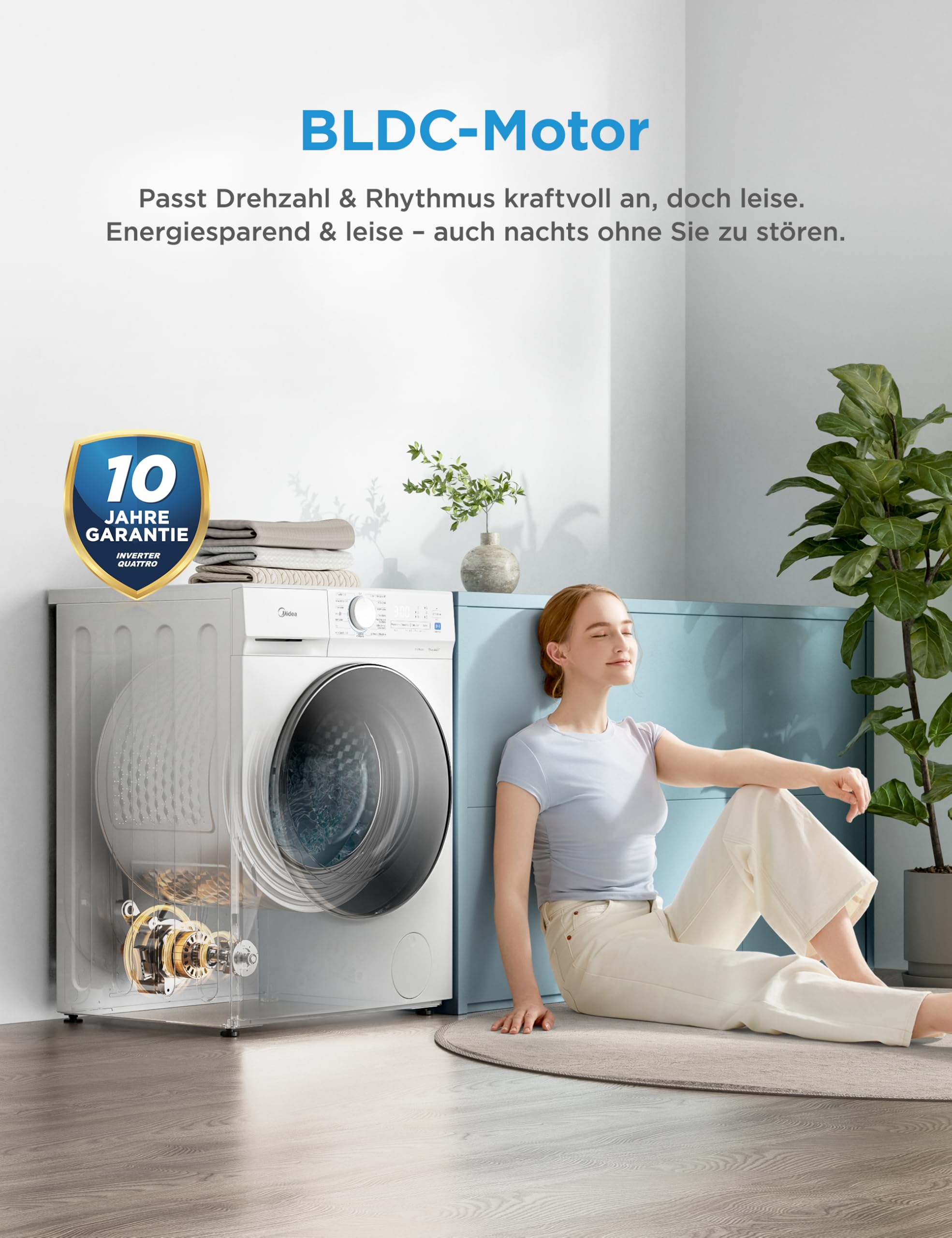 Midea Waschtrockner 8/6 kg EEK A-10% BLDC Inverter Motor weiß MFV3ED80BA10 | Waschen und Trocknen, Woolmark & Sportpflege, 15 Min Schnellwäsche, Steam Wash, Kaltwäsche, 95°C Hygiene, Quick‑Dry