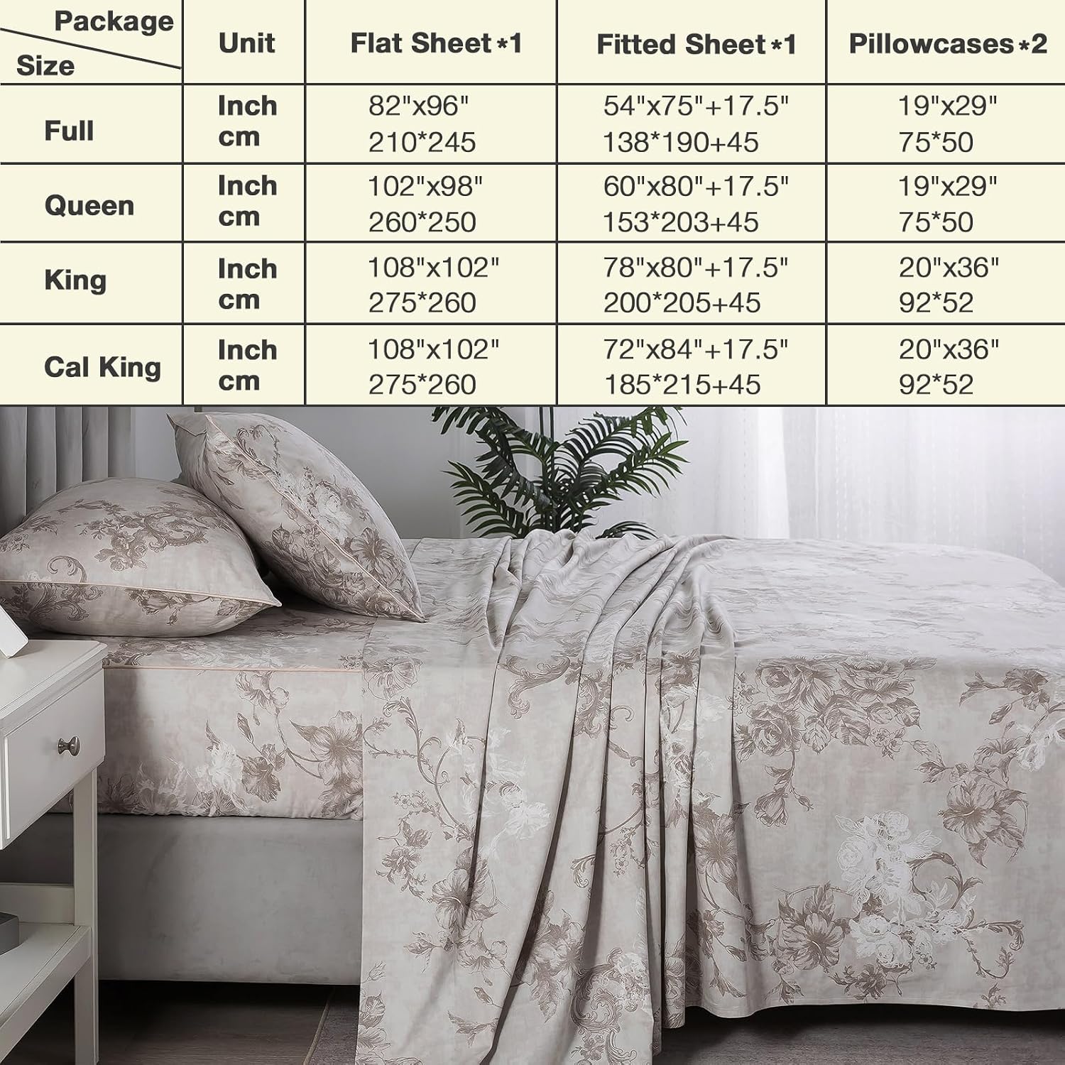Grayish Beige Vintage Floral Queen Bed Sheets 4Pcs, 100% Cotton Soft Cooling Deep Pocket Toile Sheet Set, Light Brown Shabby Floral Chic Percale Sheets, Luxurious Farmhouse Designer Bedding