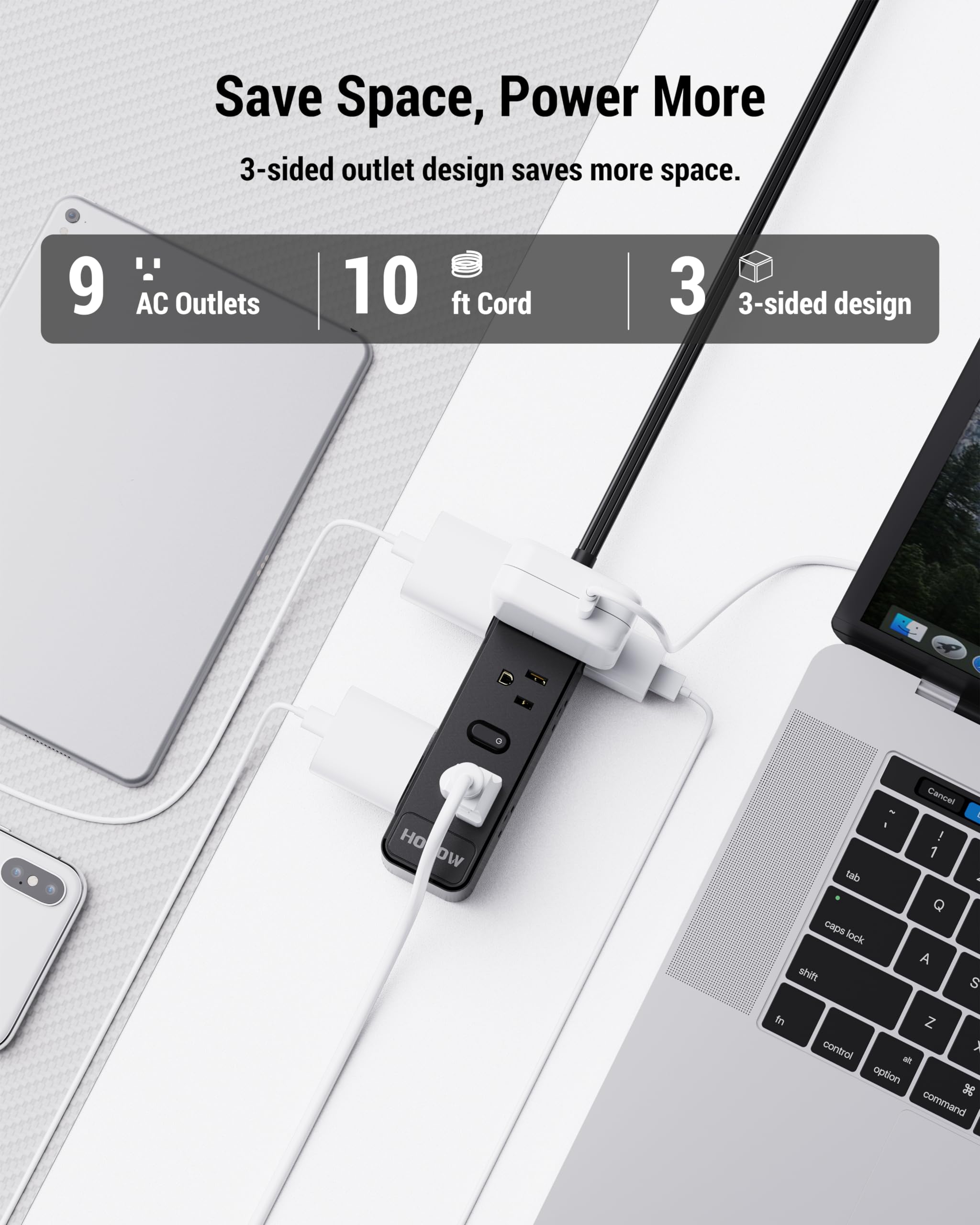 HOPOW Surge Protector Power Strip, 10 Ft Power Strip with 9 Widely AC Outlets, 1700 Joules, Wall Mount 3-Side, Ultra Thin Flat Plug Extension Cord for Travel Home Office College Dorm, Black