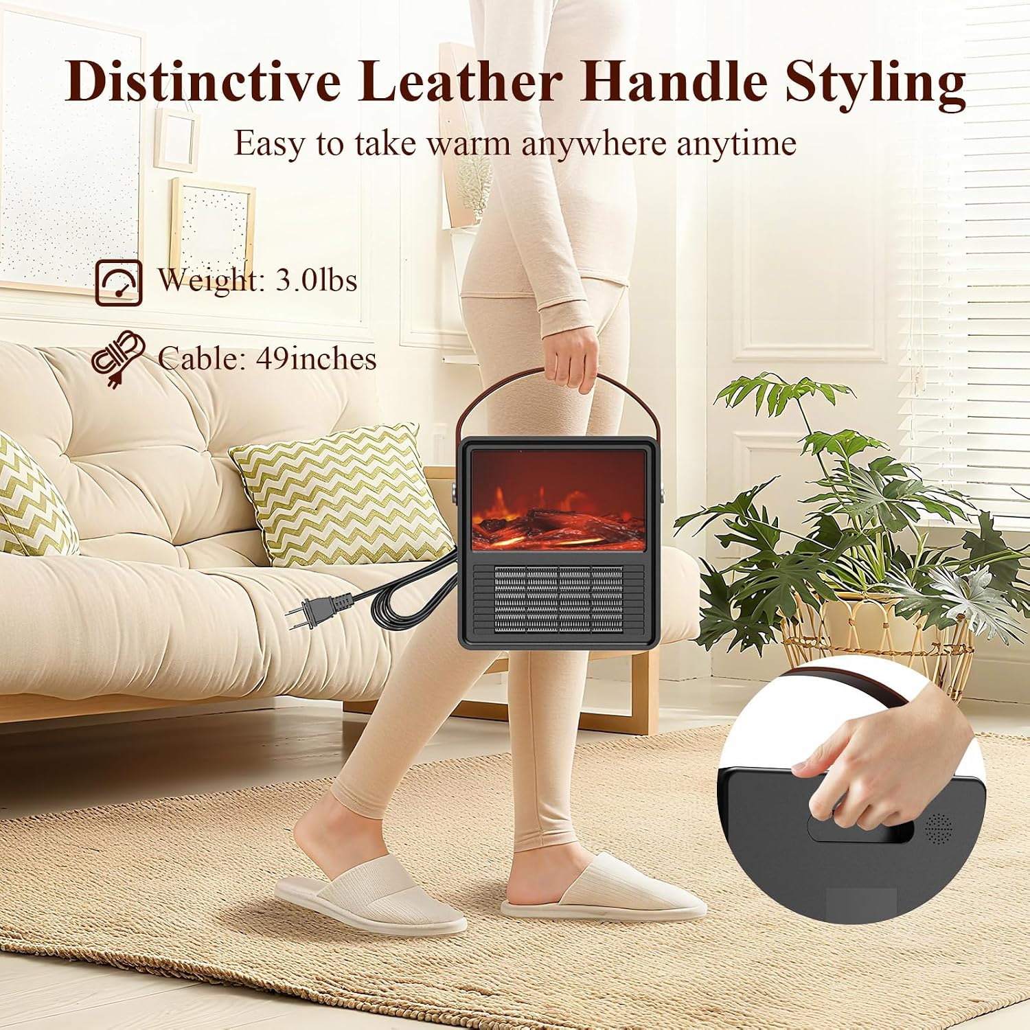 Minthouz Space Heater, Heaters for Indoor Use 3D Flame Effect, Adjustable 1200W/800W PTC Ceramic Portable Heater with Overheat and Tip-Over Protection, Ideal for Bedrooms, Offices, Indoor Use