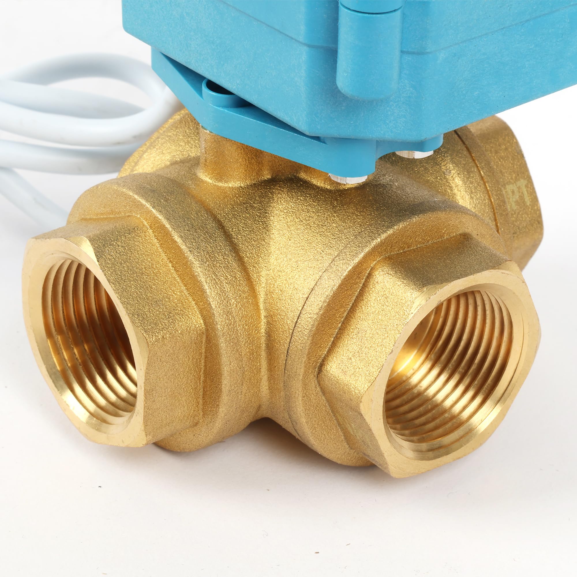 U.S. Solid Vanne 3 voies motorisée laiton – 3/4", 110-230 V CA, type T, électrique de zone avec fonction manuelle, robinet d'arrêt d'eau, port standard