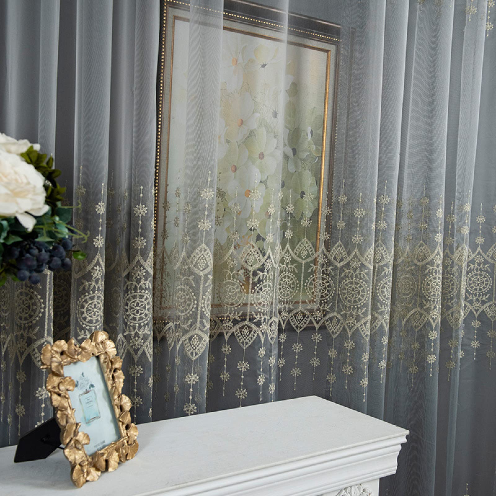 2pcs Mode Rideau en Tulle Panneau Rideau Transparent Oeillets Draperies Souple Moderne pour Décoration de Maison Salon Cuisine Chambre - Motifs géométriques(L140 x H183cm)