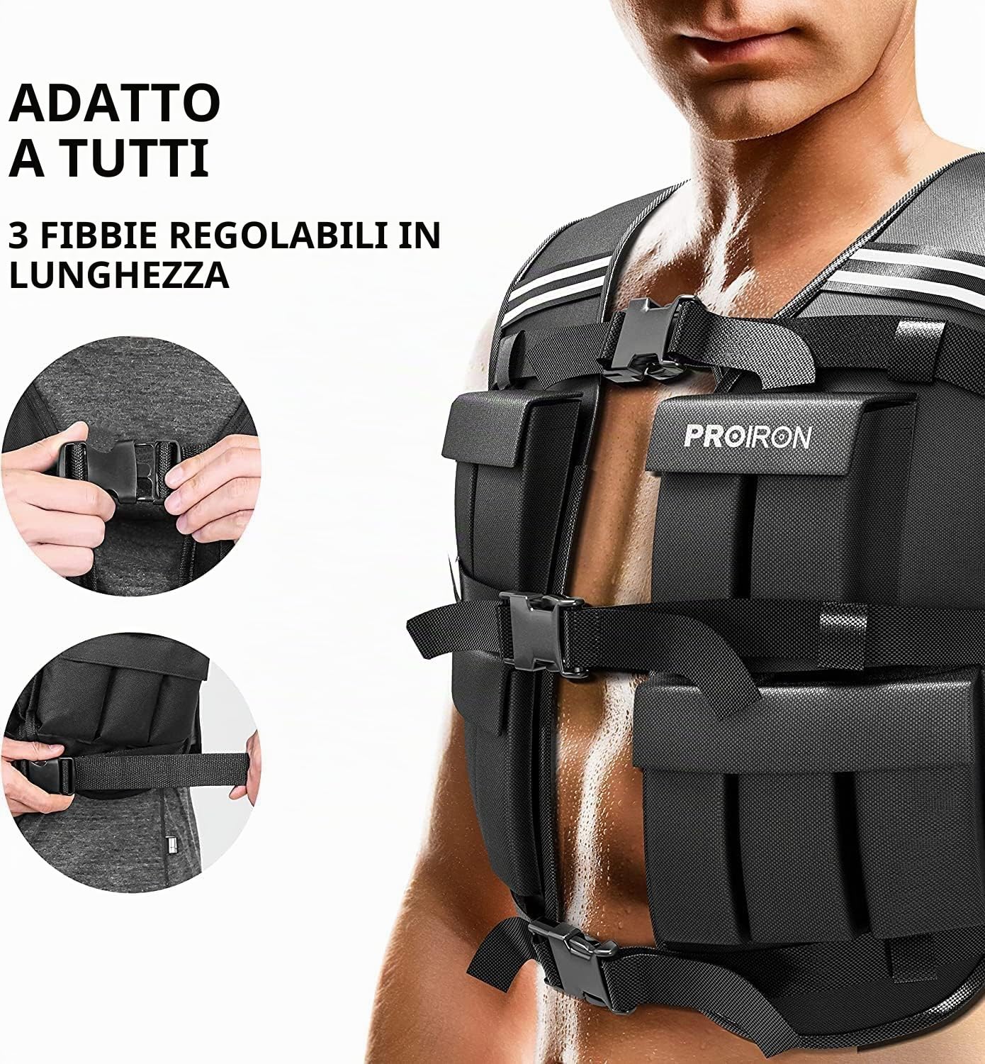 PROIRON Giubbotto Zavorrato Regolabile 10 kg, 20 Pacchi di Pesi, Giubbotto Ponderato con Striscia Riflettente per Allenamento Della Forza, Jogging, Casa, Palestra, Perdita di Peso, Nero