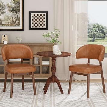 MALOL Wooden Dining Chairs Set of 2, Modern Upholstered Dining Room Chair, PU Leather Kitchen Side Chairs with Curved Open Back for Living Room/Restaurant/Cafe, Brown