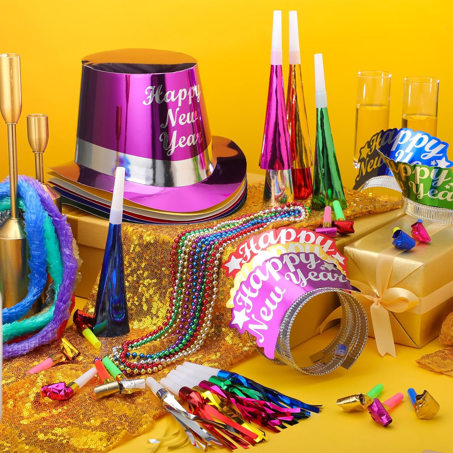Ceenna 132 Pcs New Years Eve Party Supplies 2026, Happy New Year Decorations Set for 36 Guests Includes Top Hats, Tiaras, Horns, Noise Makers,Bead and Leis Necklaces Bulk Party Favors