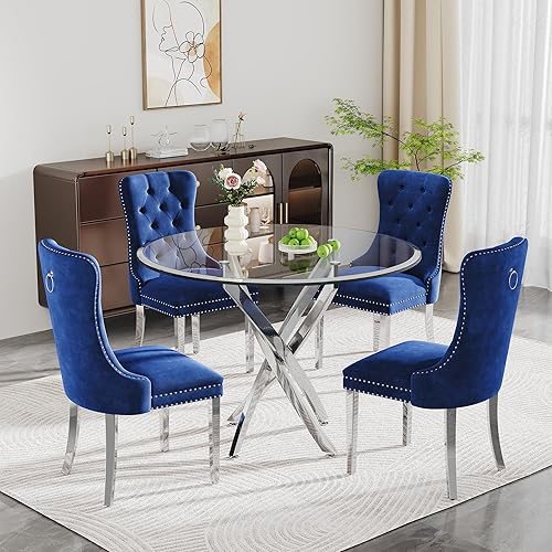 Miniatura 19 de Juego de mesa de comedor de vidrio Modehodei para 4, juego de mesa de cocina redonda de 5 piezas de vidrio templado con 4 sillas tapizadas