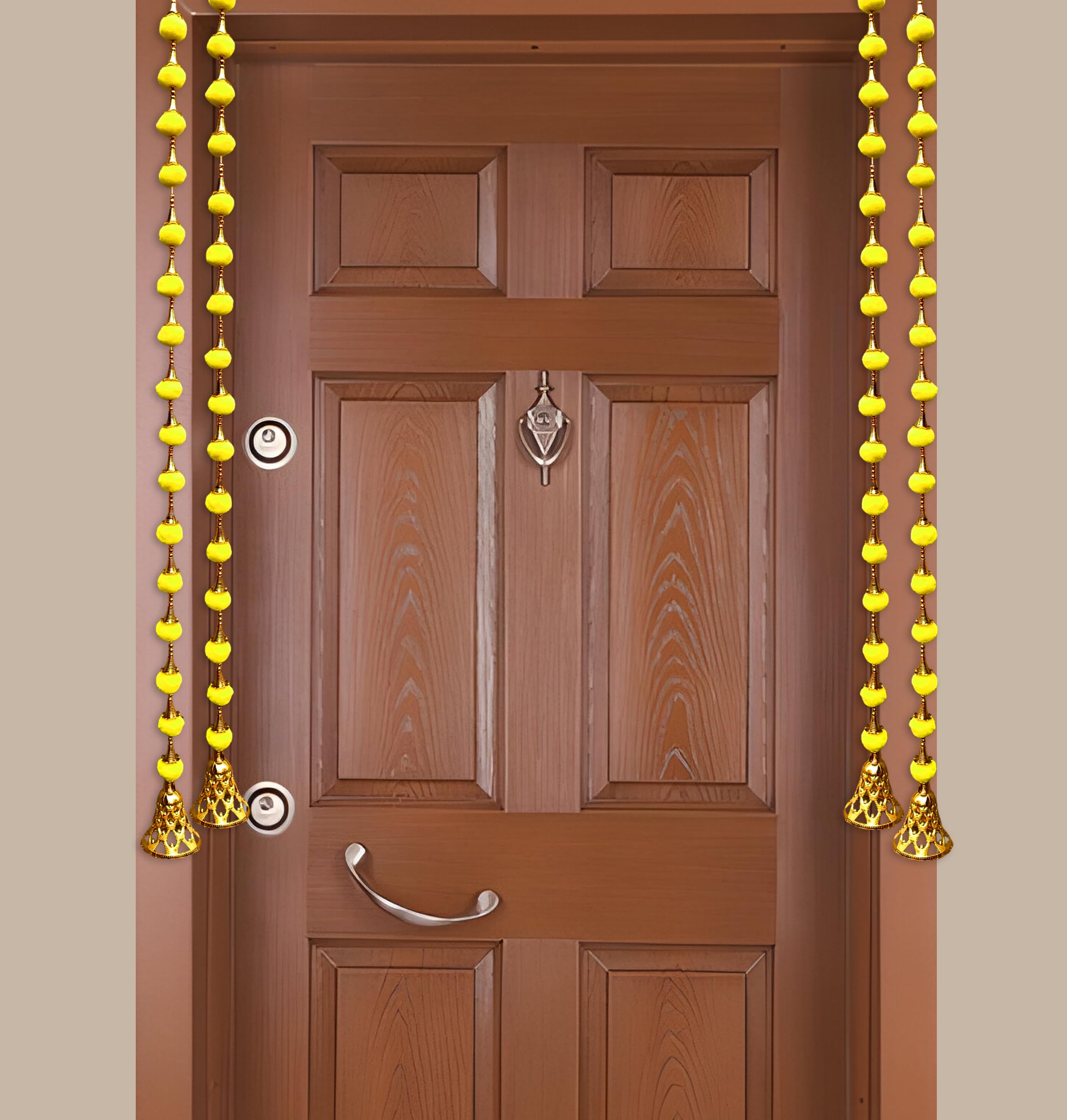 Vedax Brand (Pack of 4, Approx 80 cm) Artificial Handmade toran with Pom Pom & Golden Beads & Bell for Main Door toran, Home Decor, Pooja Room, haldi Festive Decoration in Yellow Color.-image-30