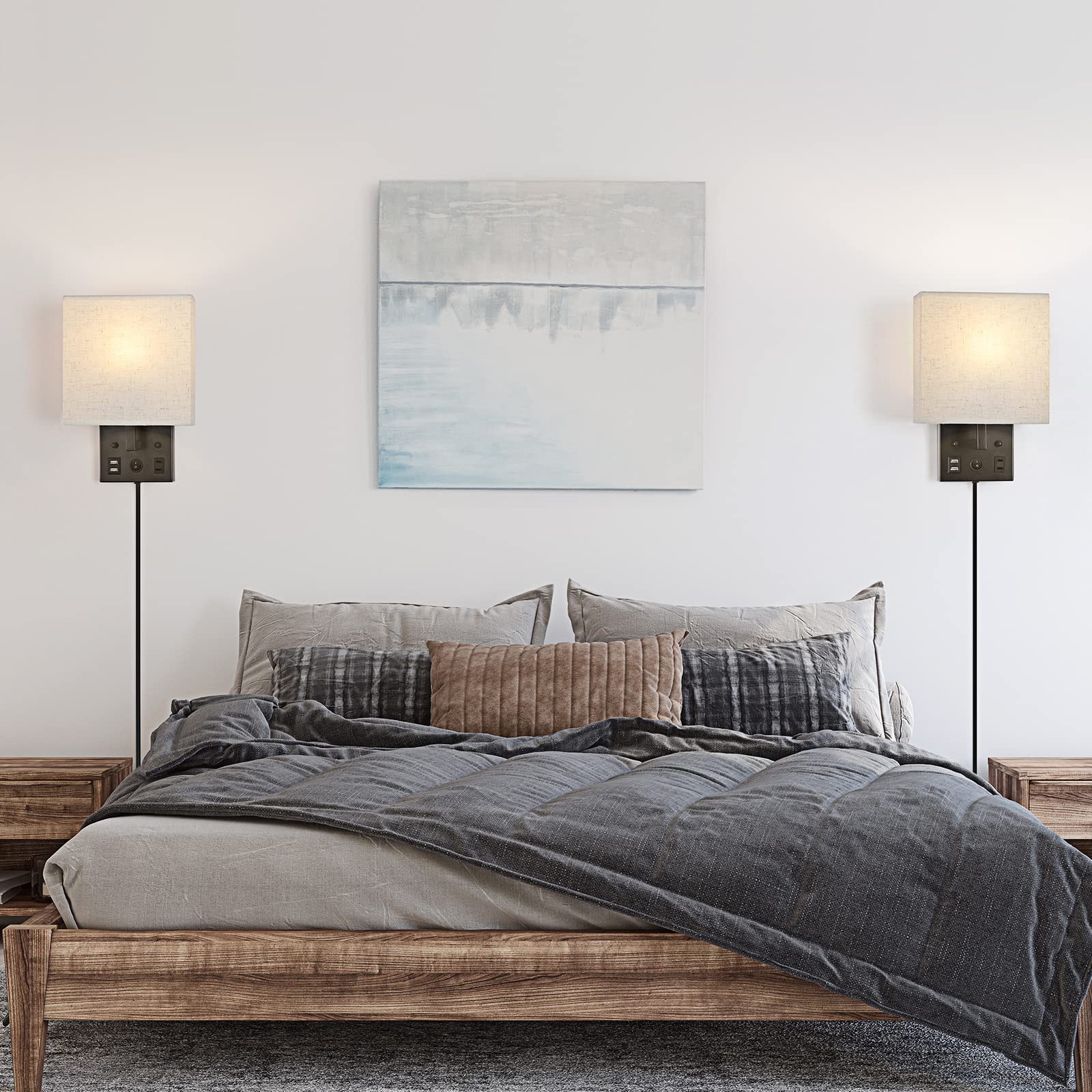 Juego de 2 lámparas de pared de noche, modernos apliques de pared con cable enchufable, lámparas de pared con doble salida USB y CA, lámparas de pared negras para dormitorio, sala de estar (2 2