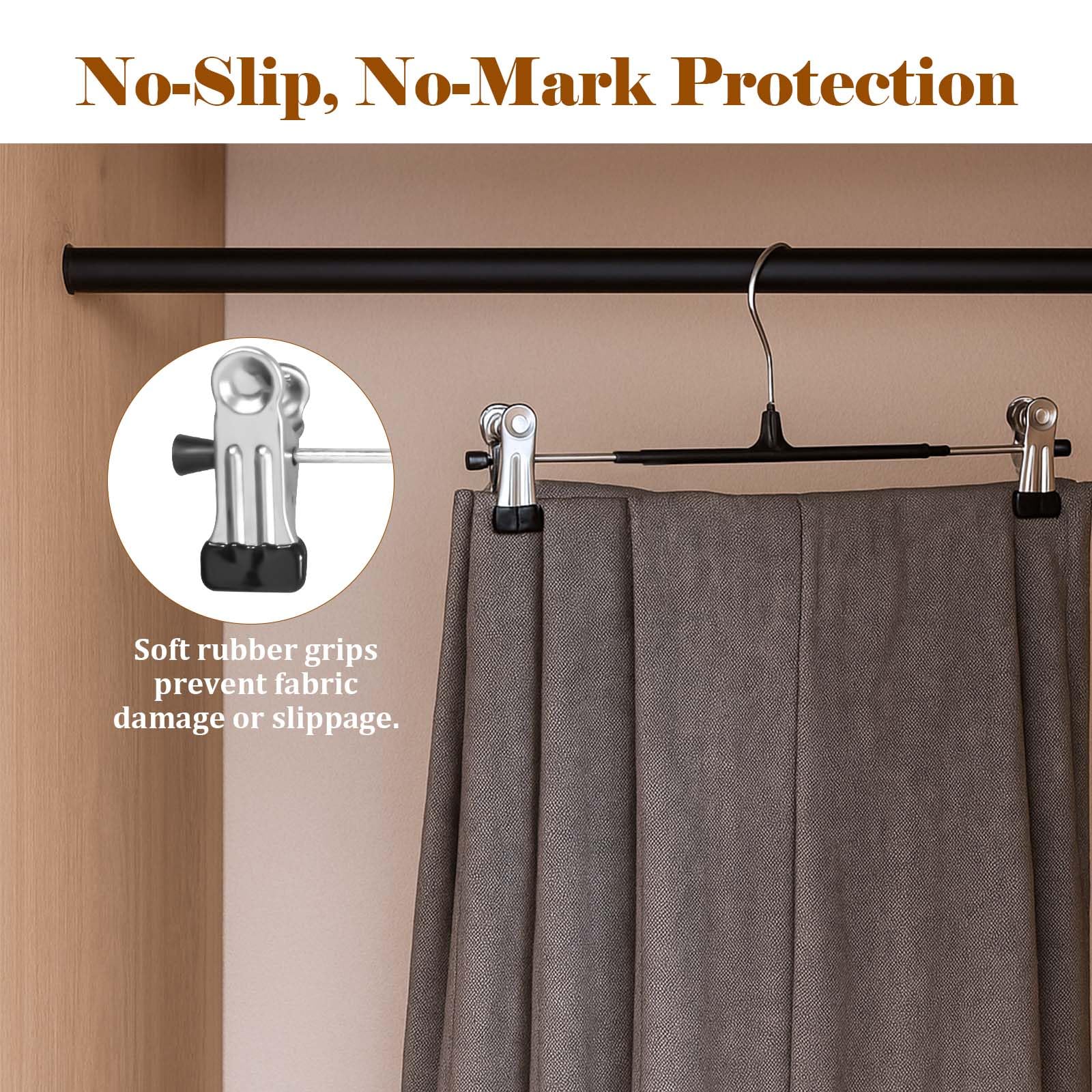 Perchas para pantalones, paquete de 20 perchas ajustables para faldas, perchas resistentes que ahorran espacio, gancho giratorio de 360° antideslizante para faldas, calcetines