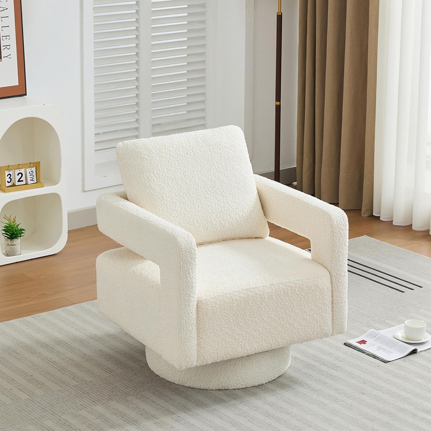 Setawix Boucle Swivel Barrel Chairs,Comfy Fuzzy Swivel Armchair,Modern 360°Rotation Accent Arm Chair with Open Arms,Sherpa Single Sofa Club Chair for Living Room,Bedroom,Office (Beige, 1PC)